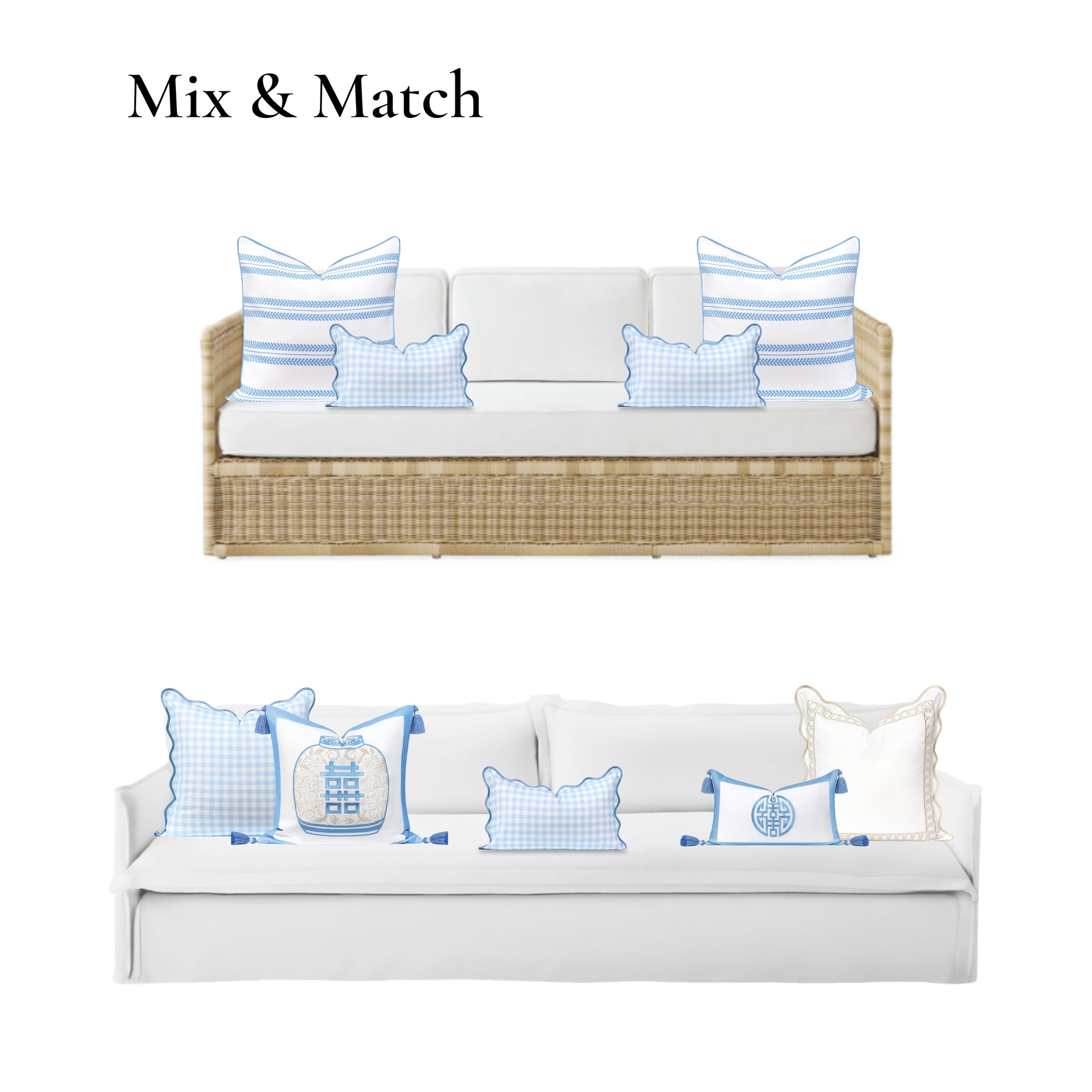 Lune, Indoor/Outdoor Baby Blue Lumbar Pillow Cover, Gingham with Scalloped Border, 12&quot;x20&quot;