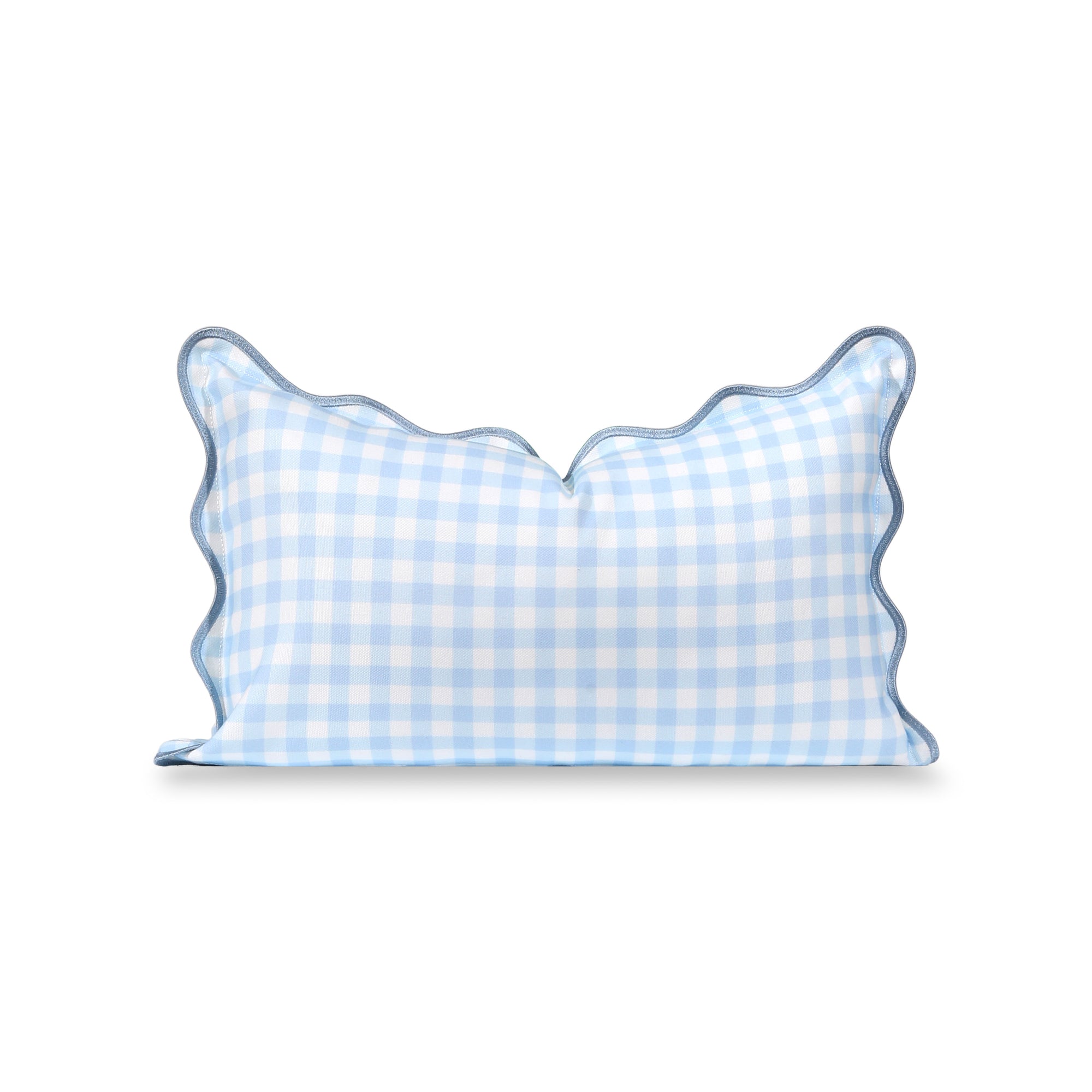 Lune, Indoor/Outdoor Baby Blue Lumbar Pillow Cover, Gingham with Scalloped Border, 12&quot;x20&quot;