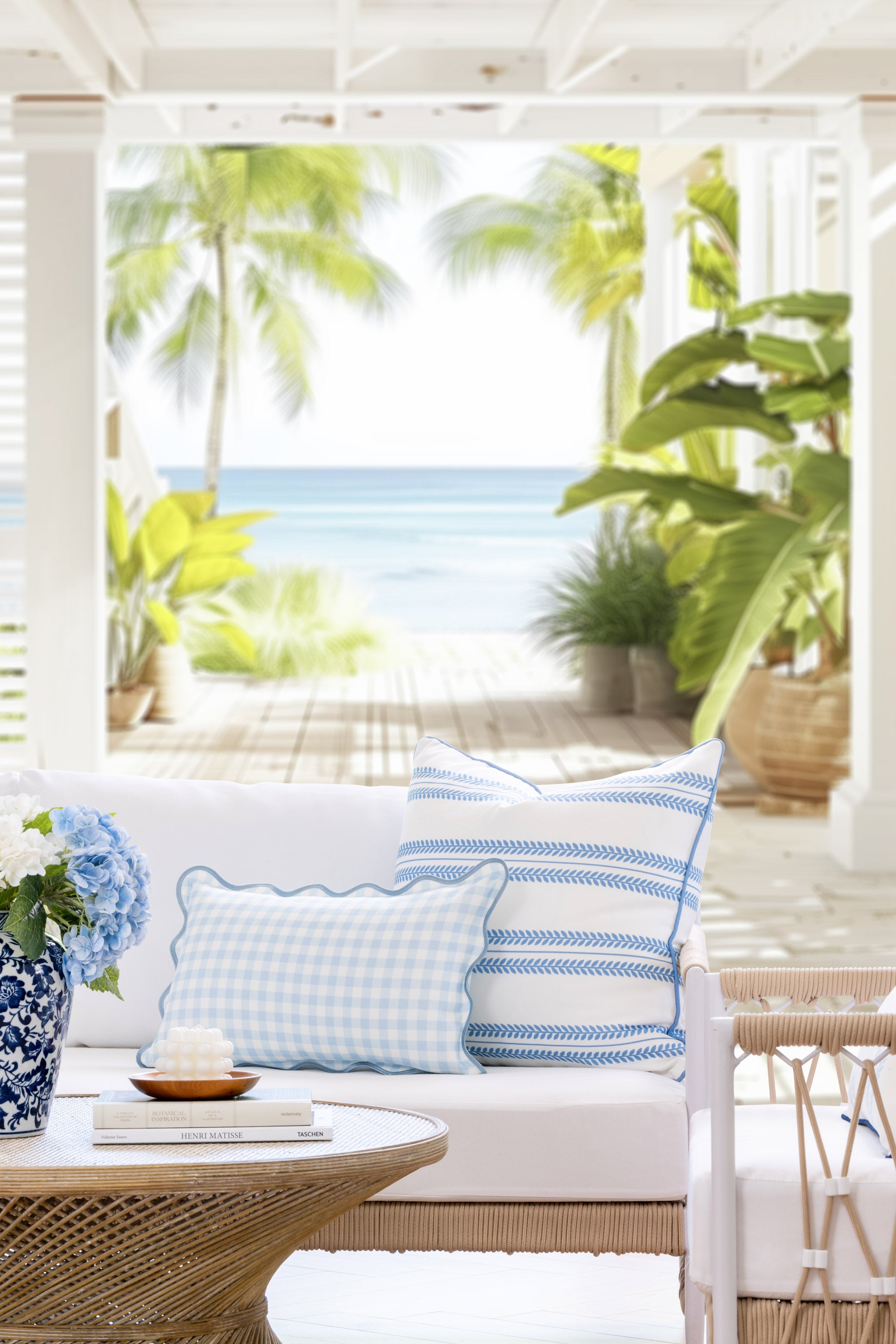 Lune, Indoor/Outdoor Baby Blue Lumbar Pillow Cover, Gingham with Scalloped Border, 12&quot;x20&quot;