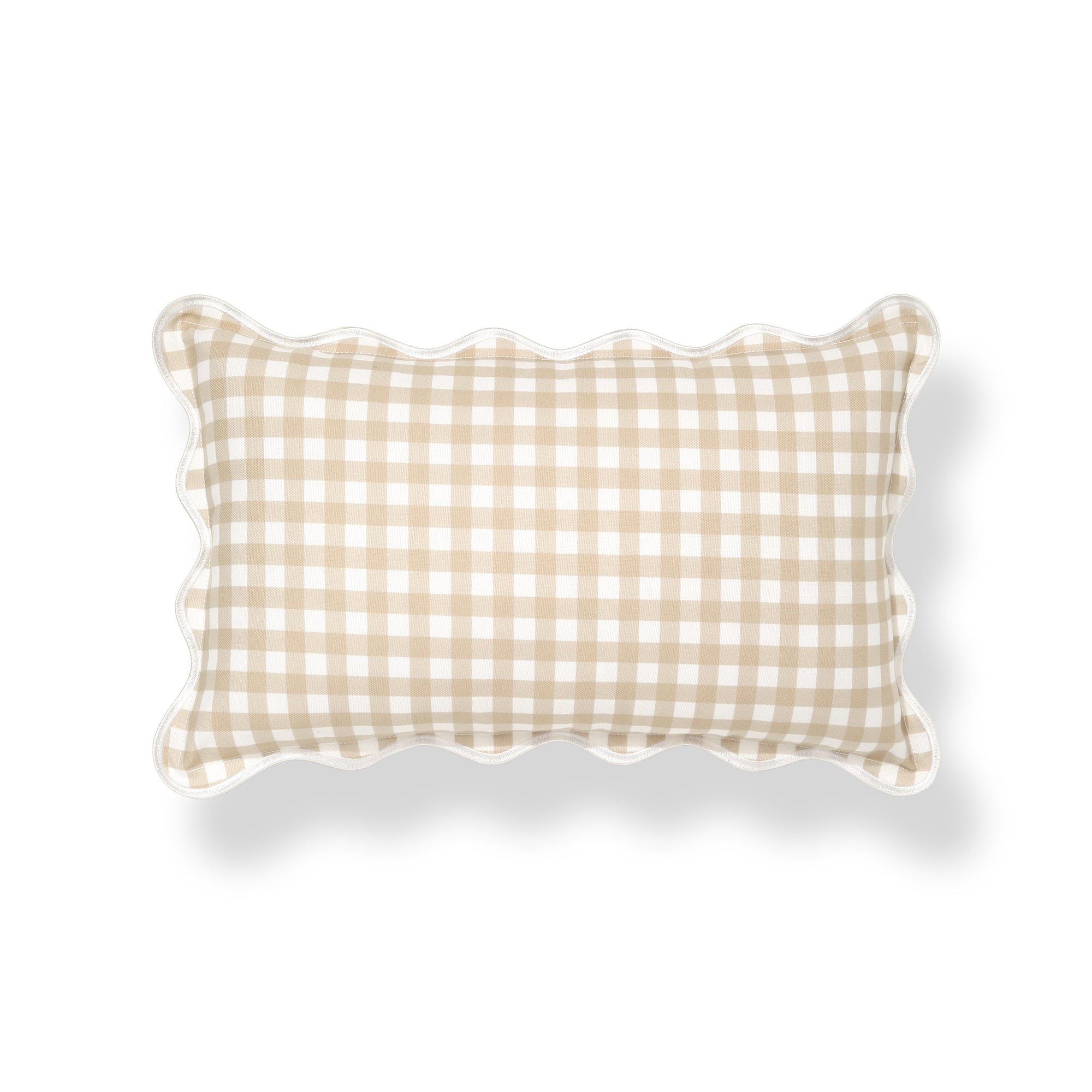 Lune, Indoor/Outdoor Tan Lumbar Pillow Cover, Gingham with Scalloped Border, 12&quot;x20&quot;