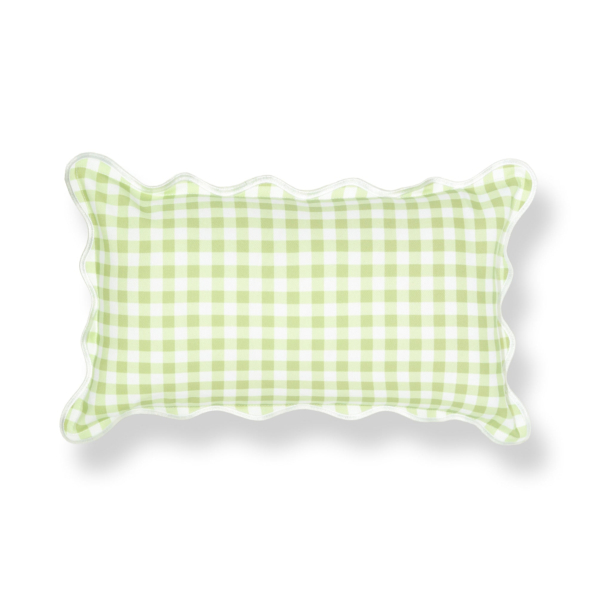 Lune, Indoor/Outdoor Grass Green Gingham Lumbar Pillow Cover, with Scalloped Border, 12"x20"
