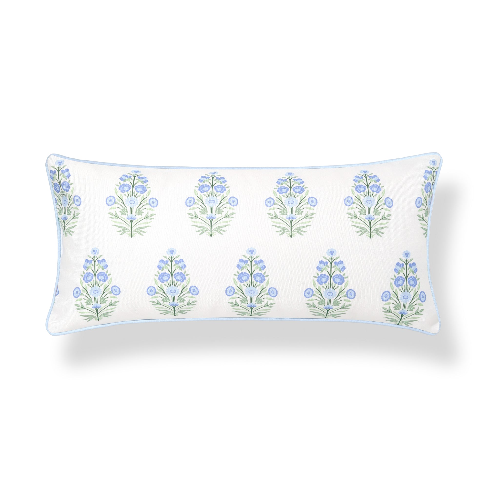 Marveille Flowers, Indoor/Outdoor Green Baby Blue Decorative Lumbar Pillow Cover, with Piping, 12&quot;x26&quot;