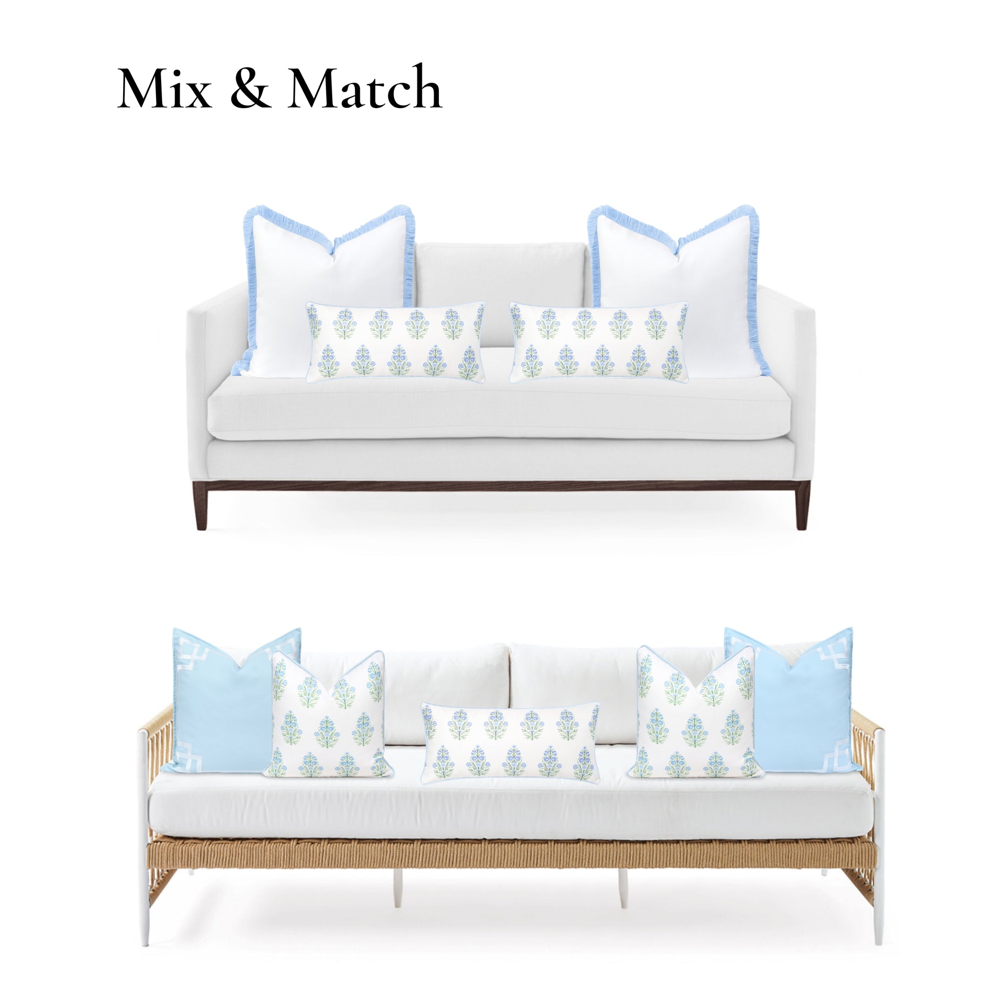 Marveille Flowers, Indoor/Outdoor Green Baby Blue Decorative Lumbar Pillow Cover, with Piping, 12&quot;x26&quot;