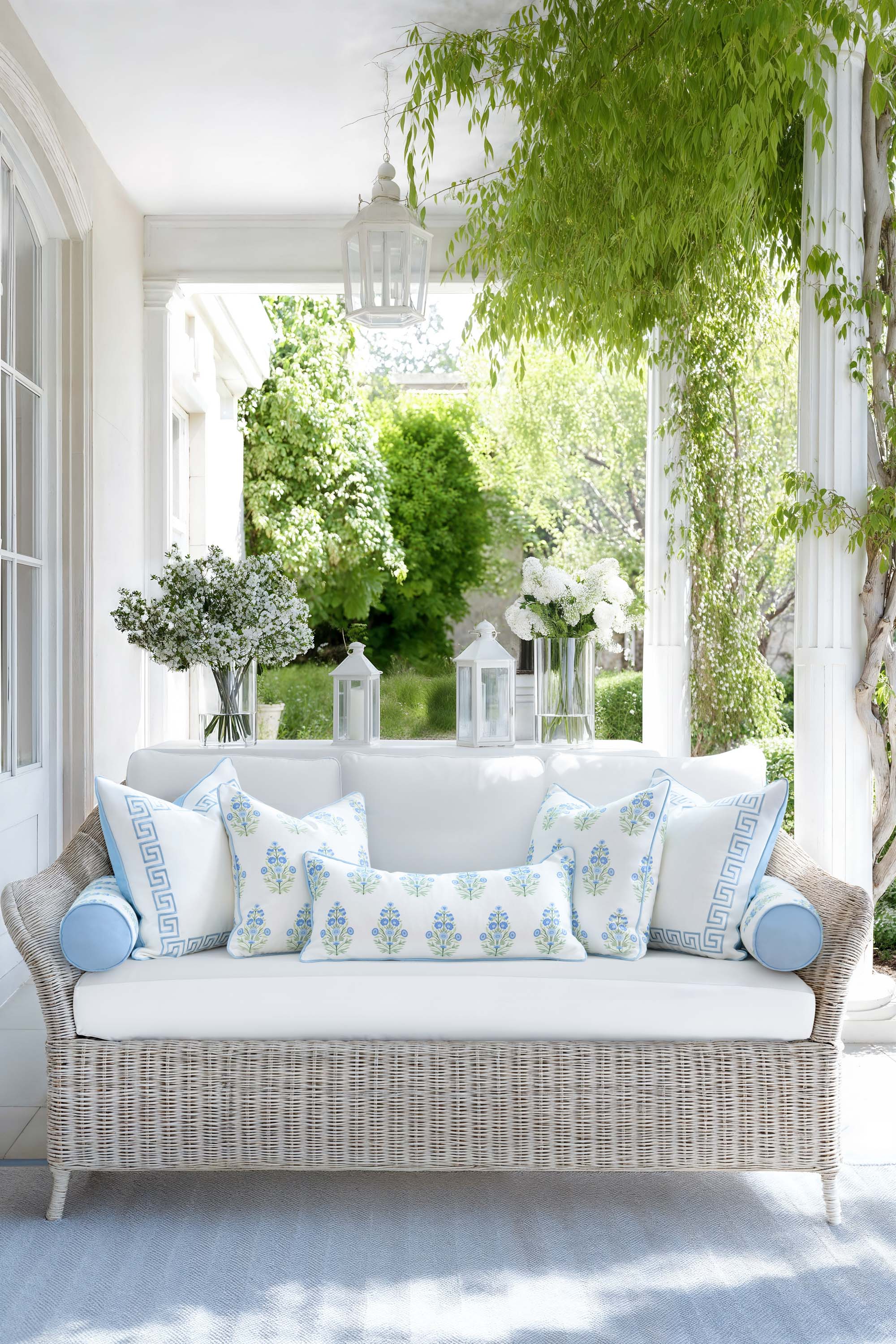 Marveille Flowers, Indoor/Outdoor Green Baby Blue Decorative Lumbar Pillow Cover, with Piping, 12&quot;x26&quot;