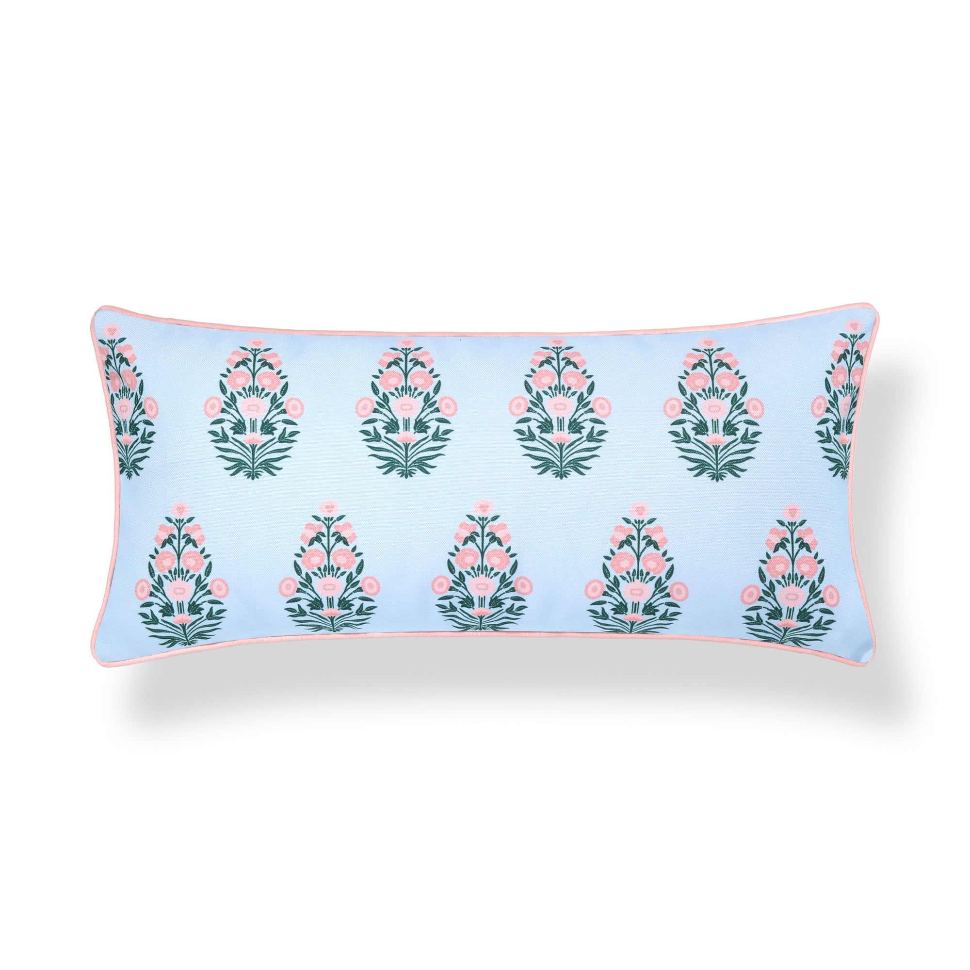 Marveille Flowers, Indoor/Outdoor Pink Baby Blue Decorative Lumbar Pillow Cover, with Piping, 12&quot;x26&quot;