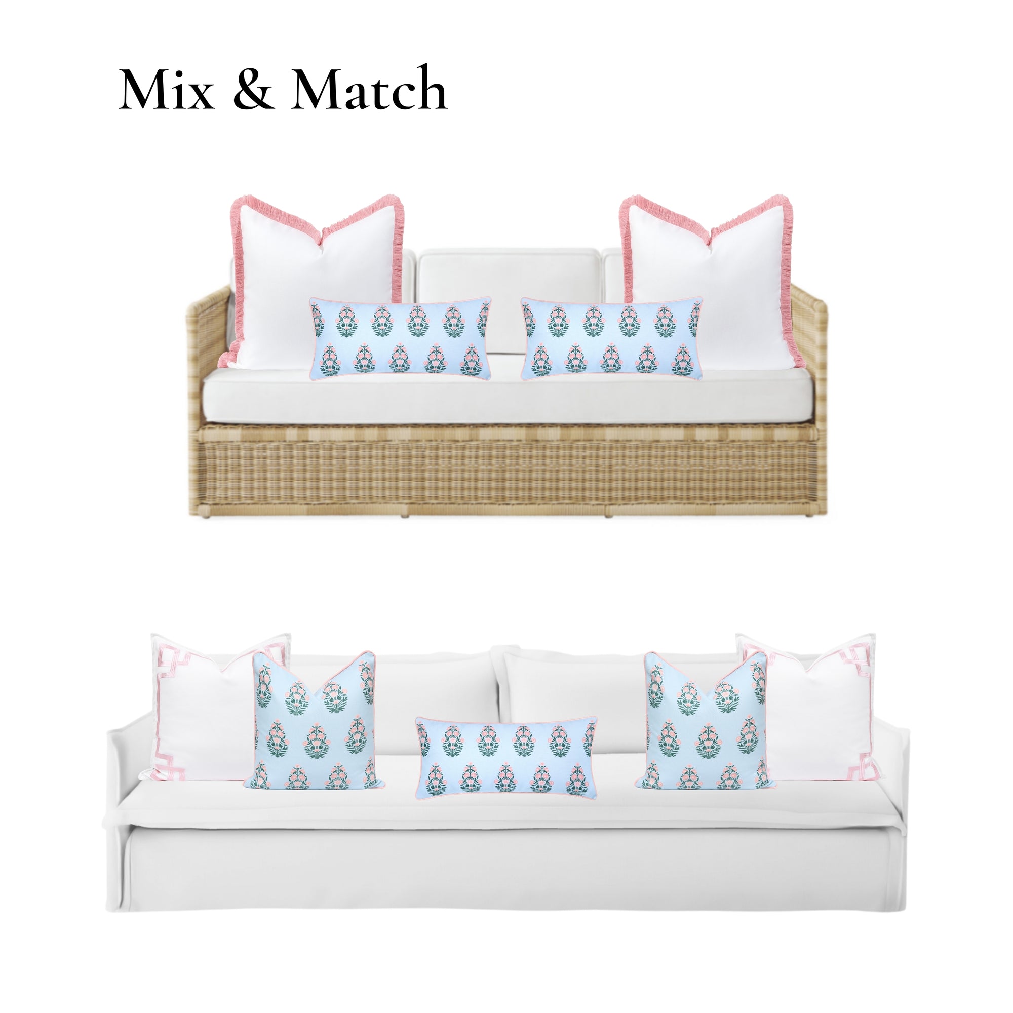Marveille Flowers, Indoor/Outdoor Pink Baby Blue Decorative Lumbar Pillow Cover, with Piping, 12&quot;x26&quot;