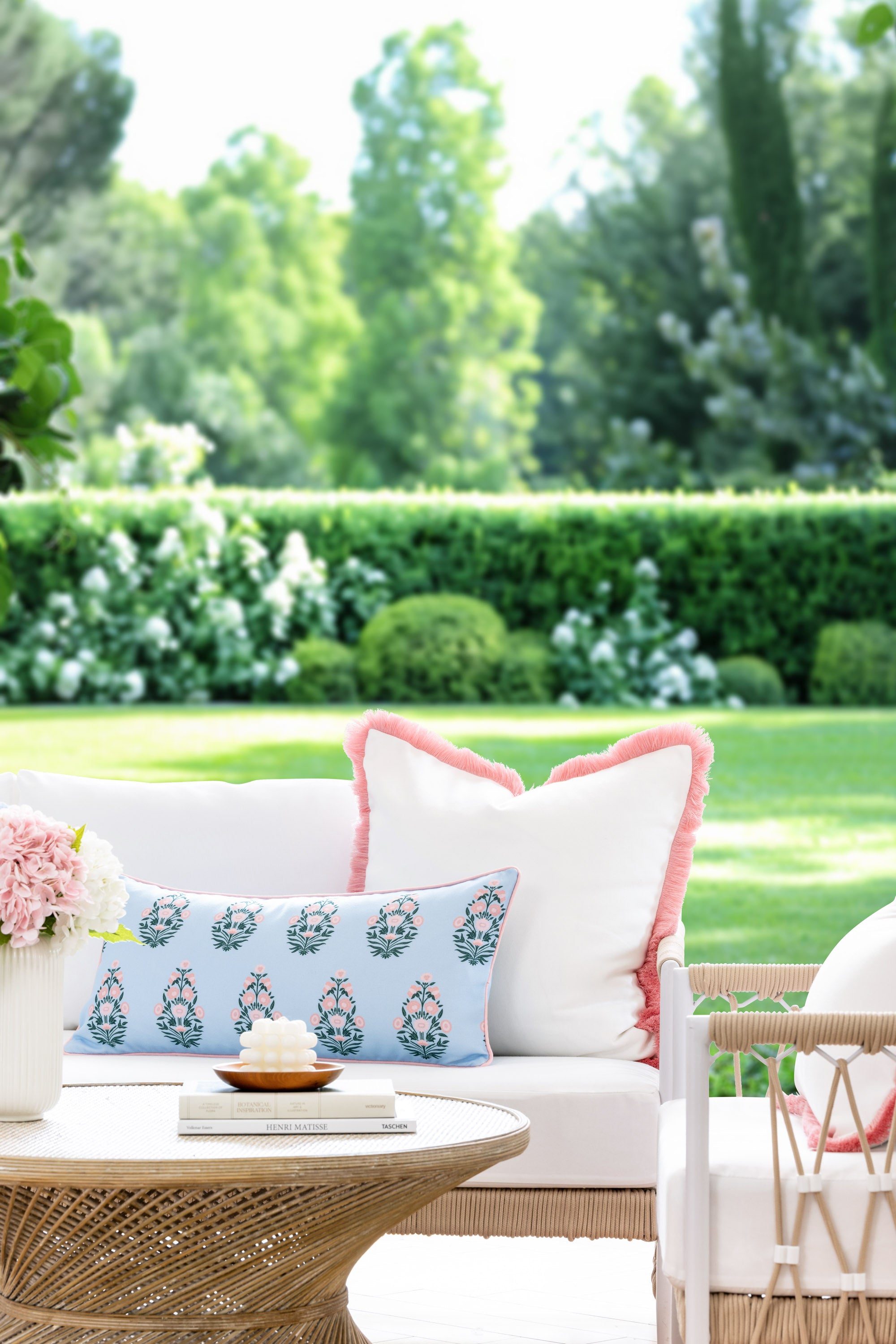 Marveille Flowers, Indoor/Outdoor Pink Baby Blue Decorative Lumbar Pillow Cover, with Piping, 12&quot;x26&quot;
