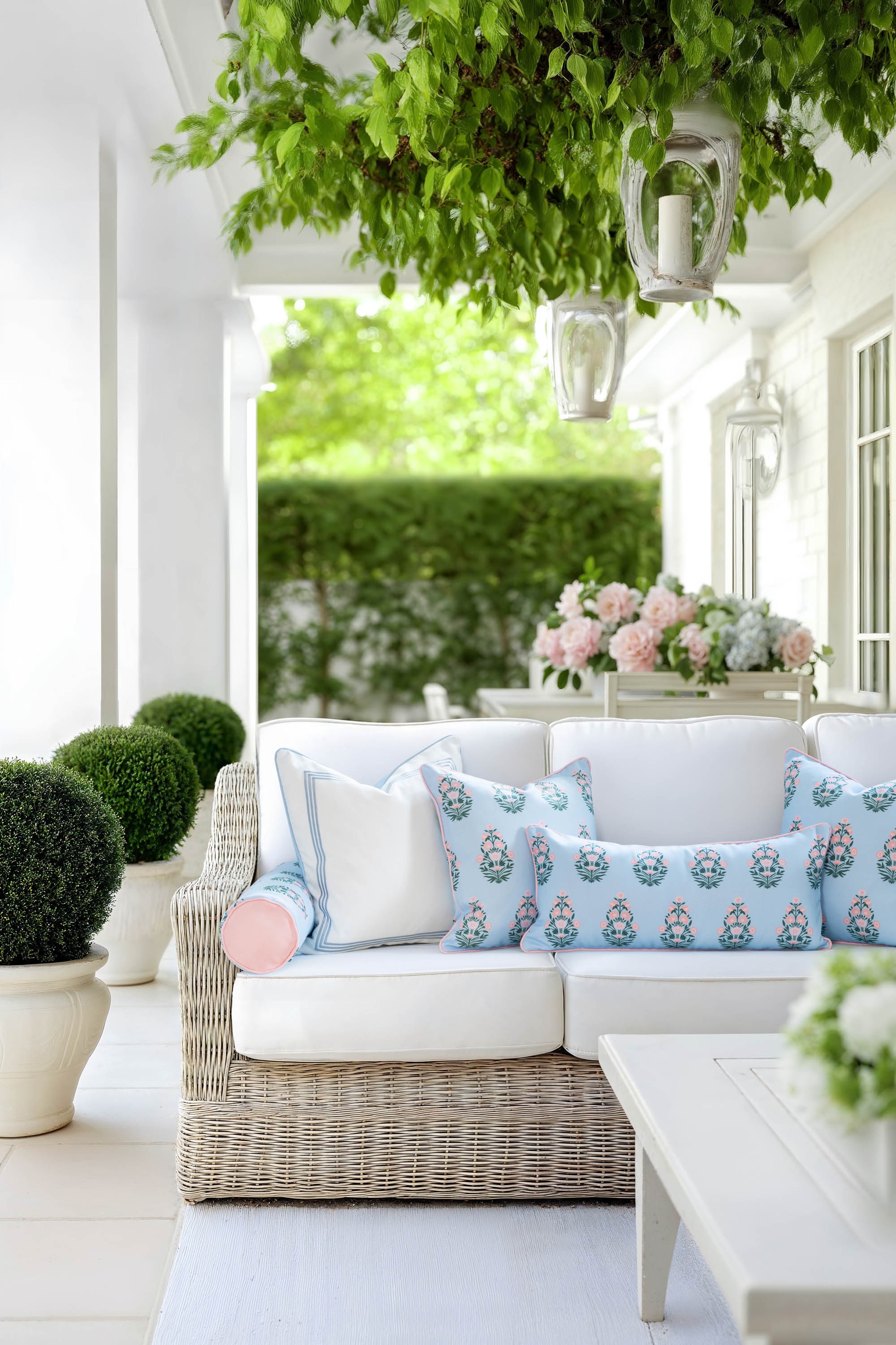Marveille Flowers, Indoor/Outdoor Pink Baby Blue Decorative Lumbar Pillow Cover, with Piping, 12&quot;x26&quot;