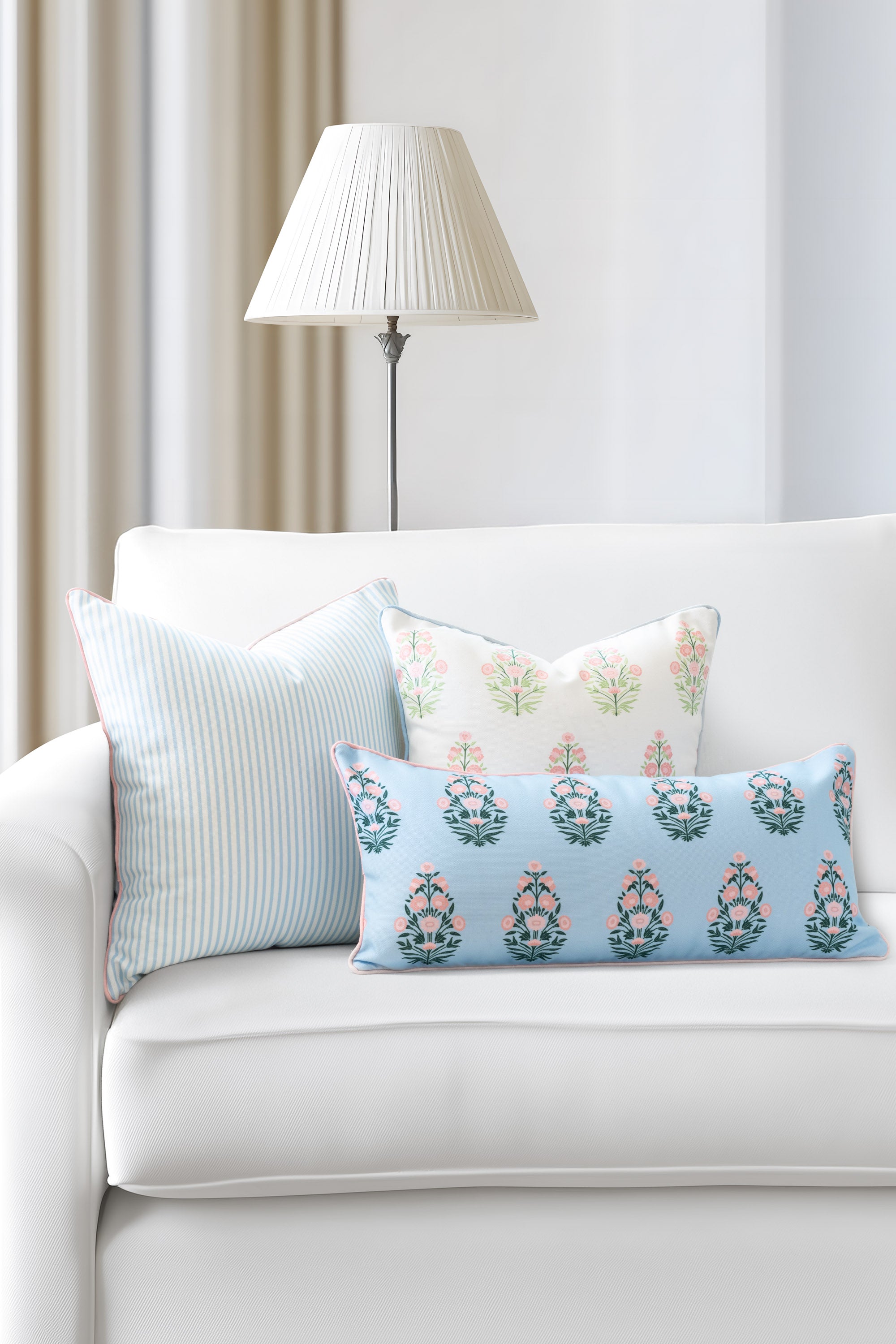 Marveille Flowers, Indoor/Outdoor Pink Baby Blue Decorative Lumbar Pillow Cover, with Piping, 12&quot;x26&quot;