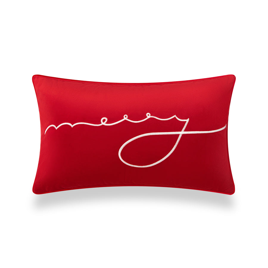 Hofdeco Premium Christmas Lumbar Pillow Cover, Embroidery Merry, Red, 12