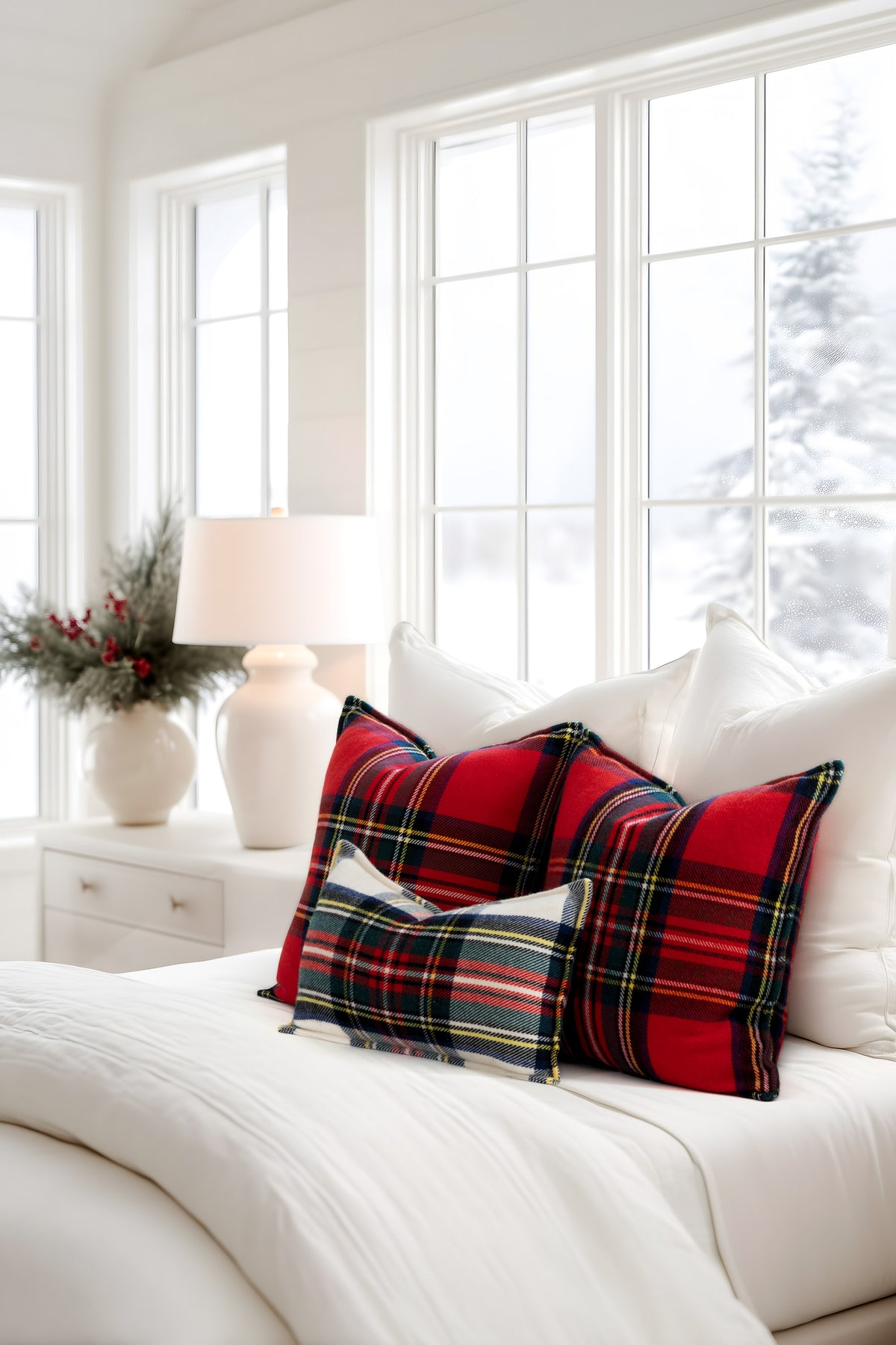 Royal Stewart Tartan Plaid, Merino Wool Christmas Throw Pillow Cover, Red, 20"x20"
