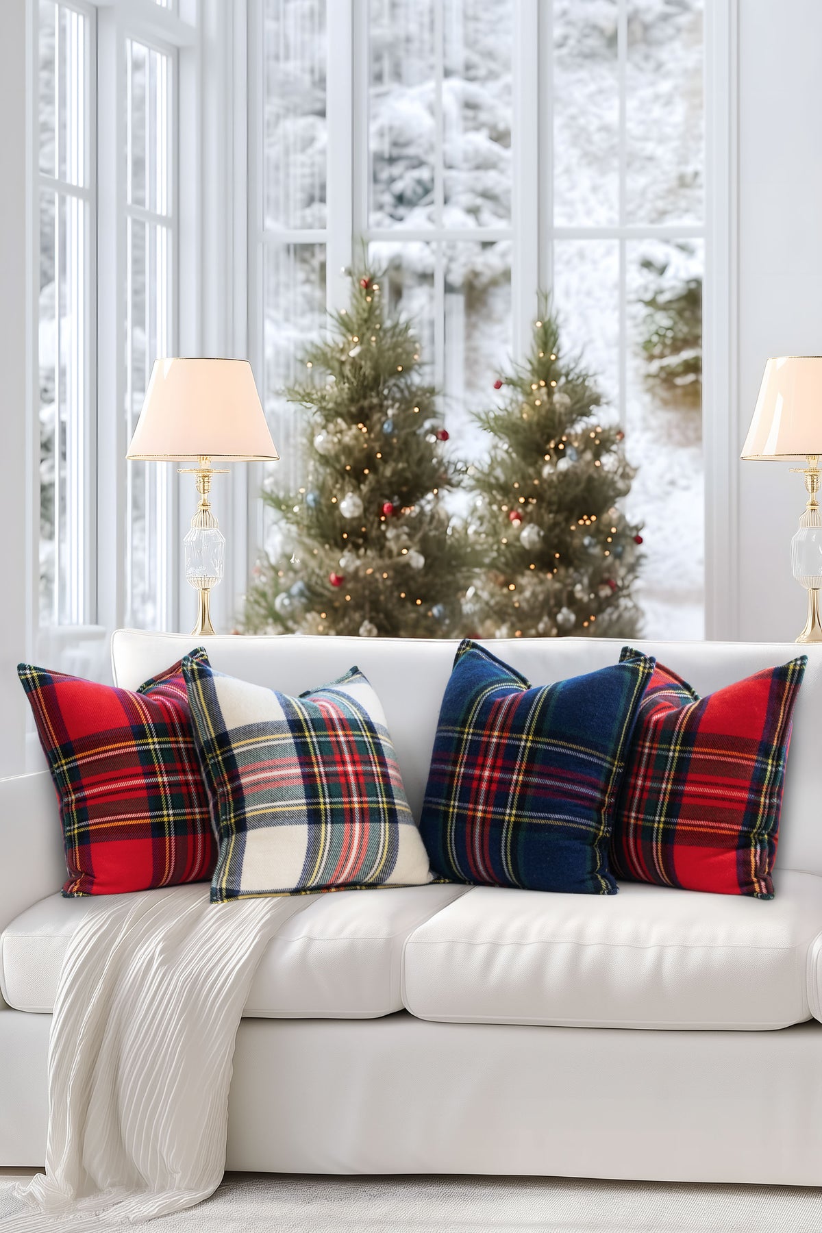 Royal Stewart Tartan Plaid, Merino Wool Cozy Pillow Cover, Navy Red, 20"x20"
