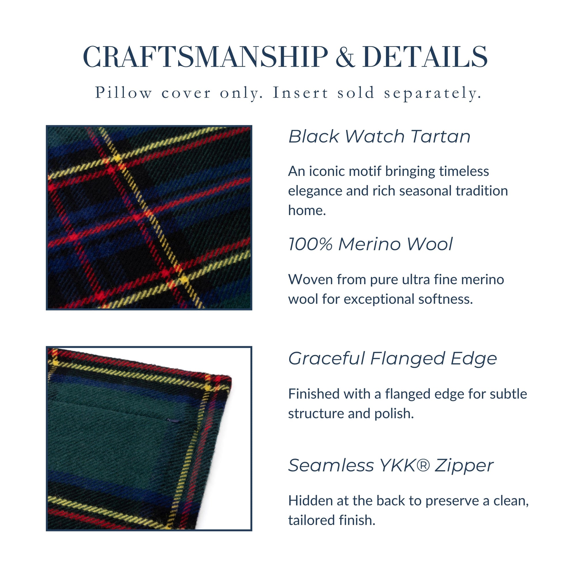 Black Watch Tartan Plaid, Merino Wool Decorative Pillow Cover, Hunter Green Navy, 20"x20"