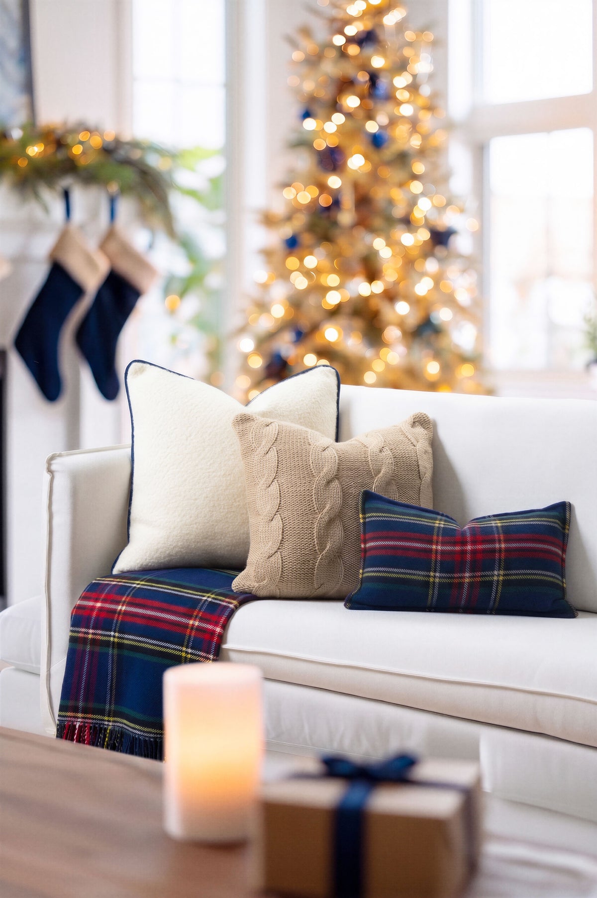 Royal Stewart Tartan Plaid, Merino Wool Cozy Pillow Cover, Navy Red, 12"x20"