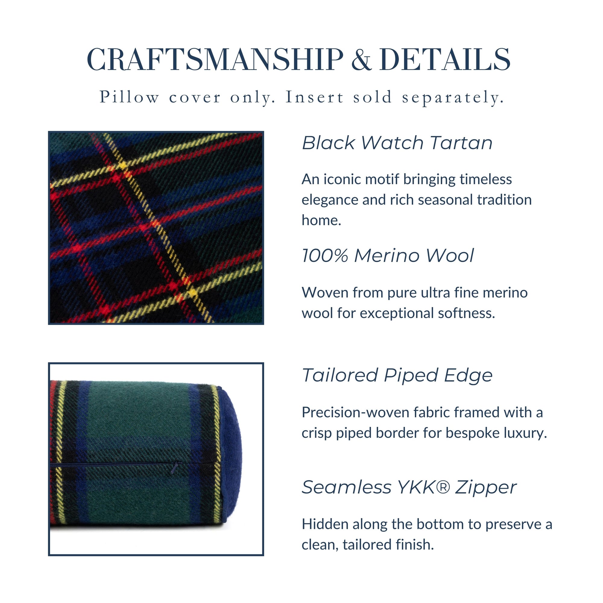Black Watch Tartan Plaid, Merino Wool Decorative Bolster Pillow Cover, Hunter Green Navy, 6"x20"