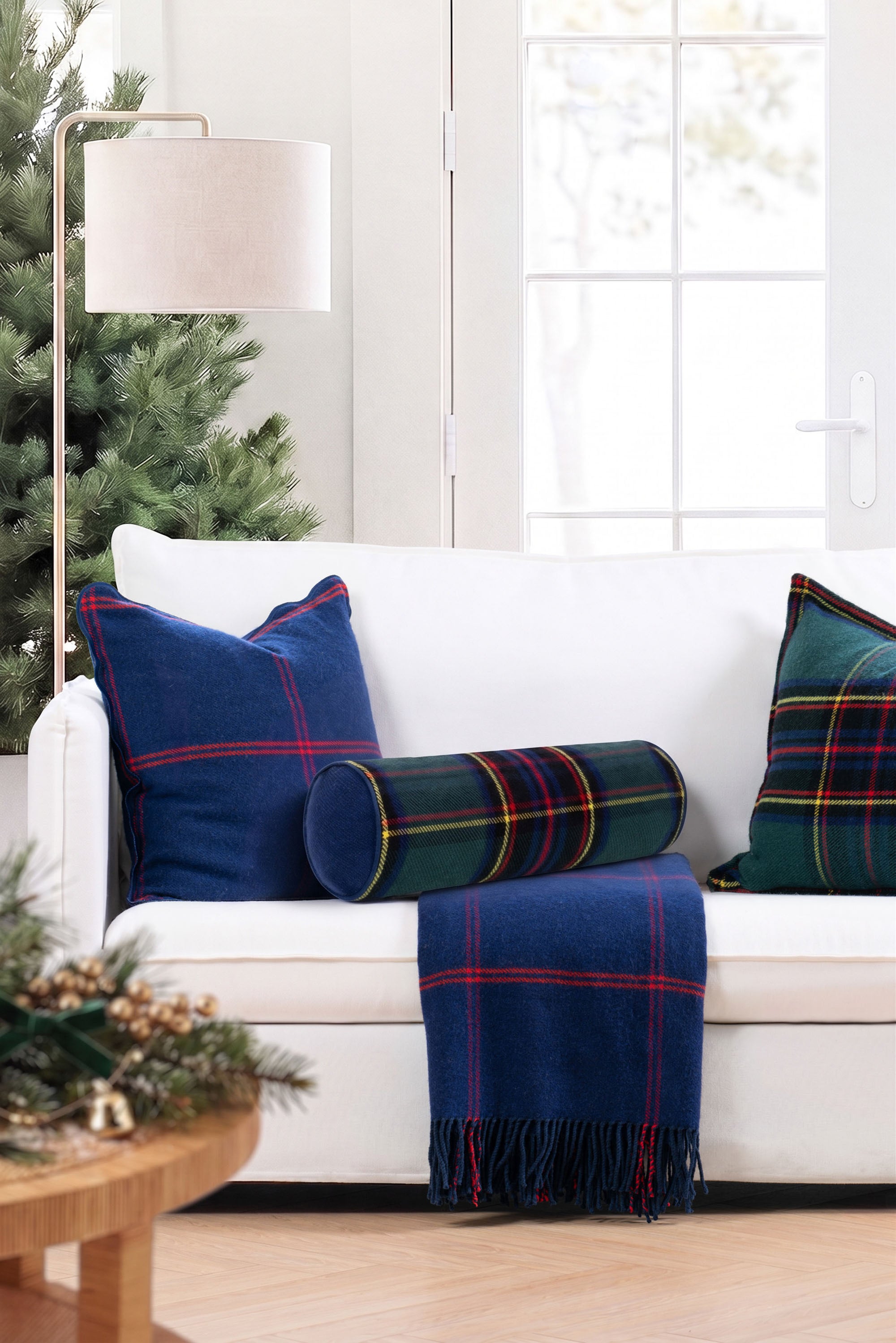 Black Watch Tartan Plaid, Merino Wool Decorative Bolster Pillow Cover, Hunter Green Navy, 6"x20"