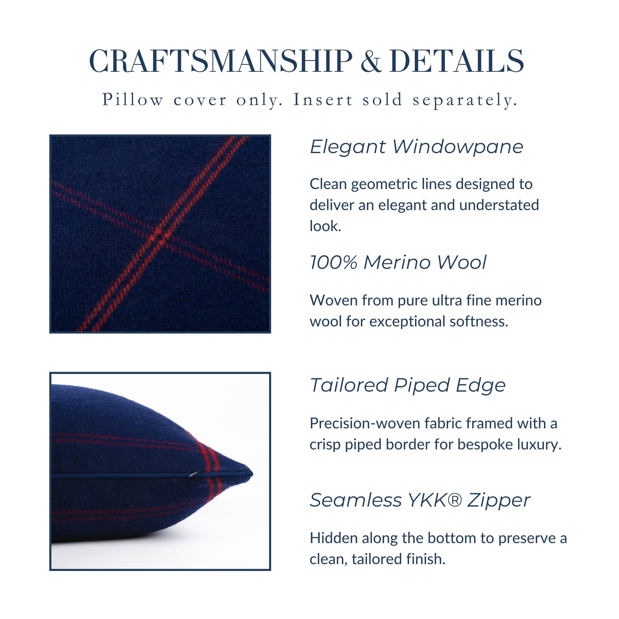 Chathia Windowpane, Merino Wool Check Throw Pillow Cover, Navy Red, 22”x22”