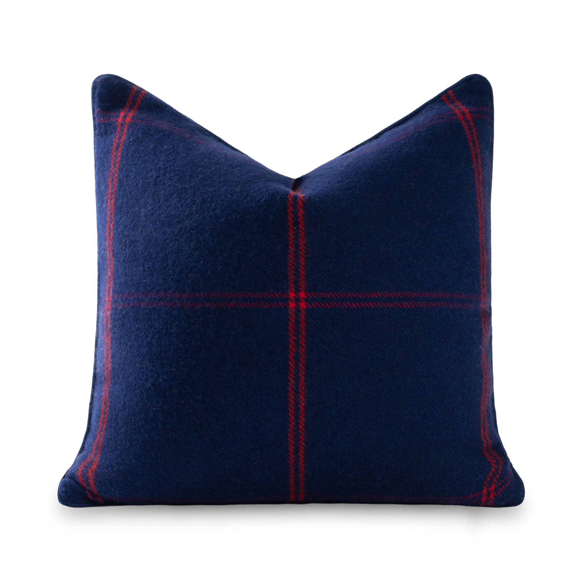 Chathia Windowpane, Merino Wool Check Throw Pillow Cover, Navy Red, 22”x22”