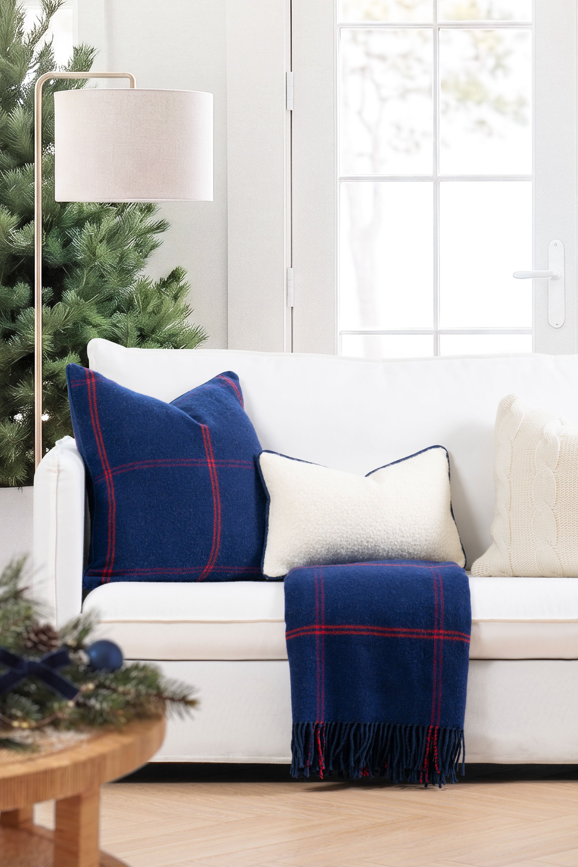 Chathia Windowpane, Merino Wool Check Throw Pillow Cover, Navy Red, 22”x22”