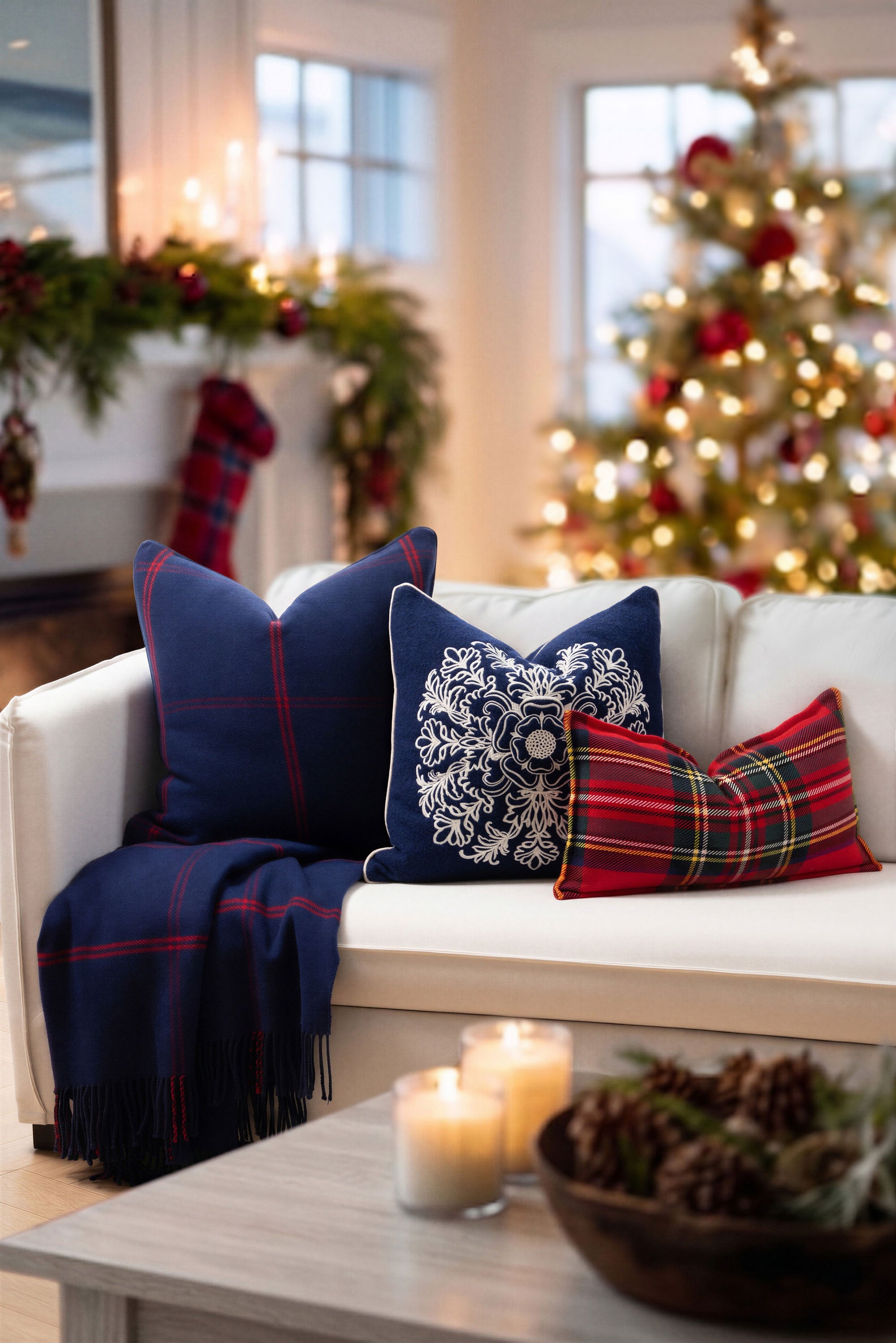 Chathia Windowpane, Merino Wool Check Throw Pillow Cover, Navy Red, 22”x22”