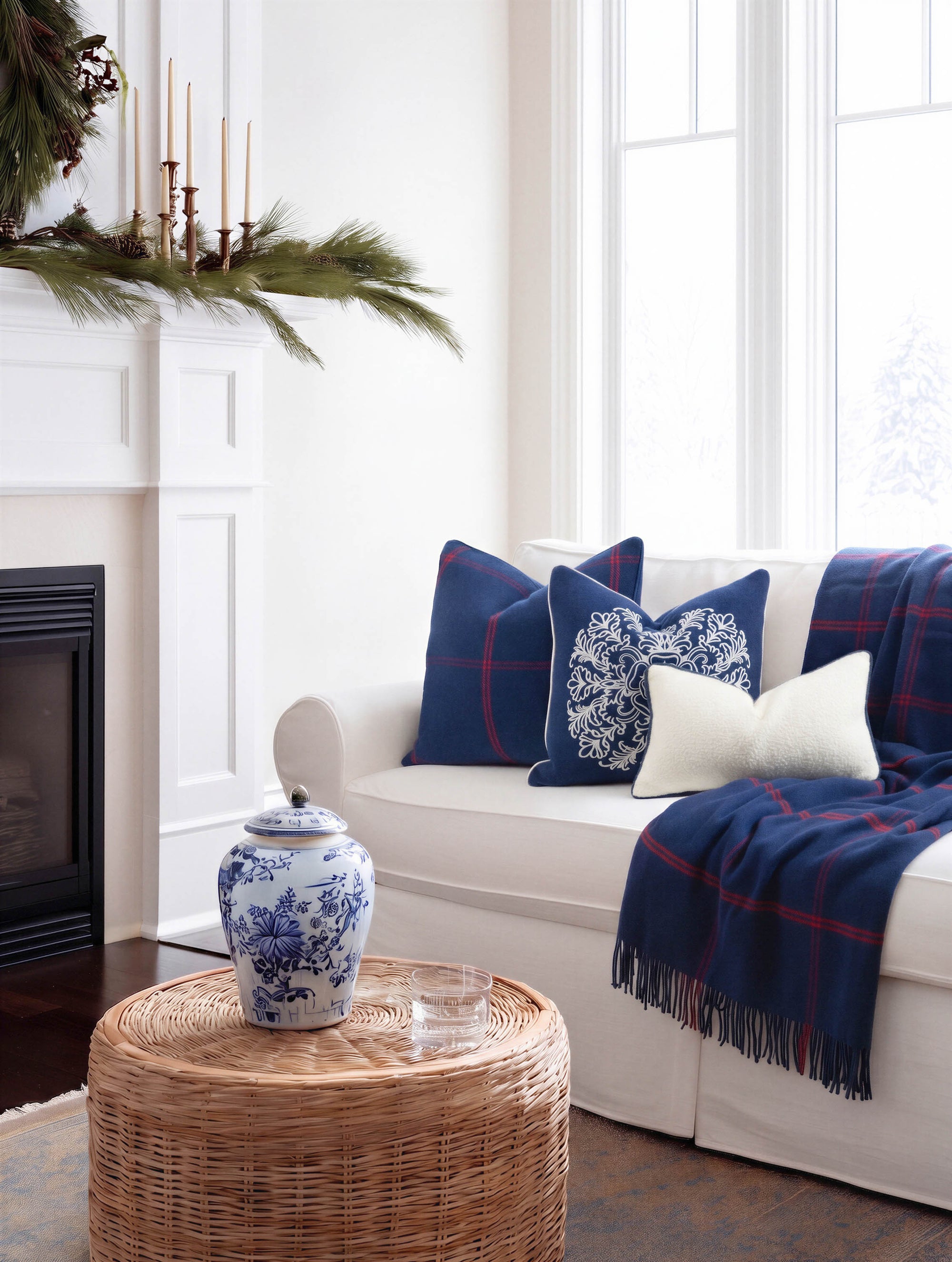 Chathia Windowpane, Merino Wool Check Throw Pillow Cover, Navy Red, 22”x22”