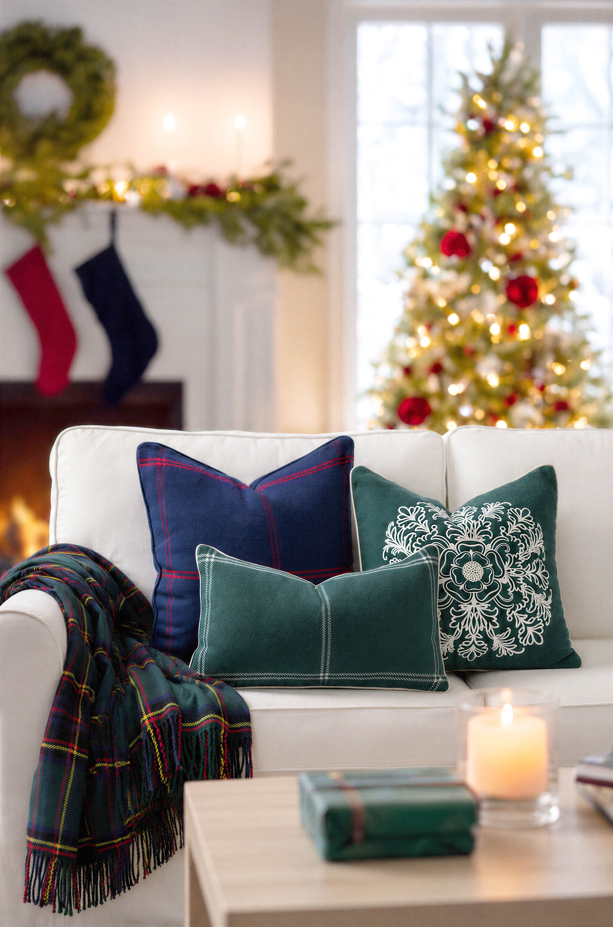 Chathia Windowpane, Merino Wool Check Throw Pillow Cover, Navy Red, 22”x22”