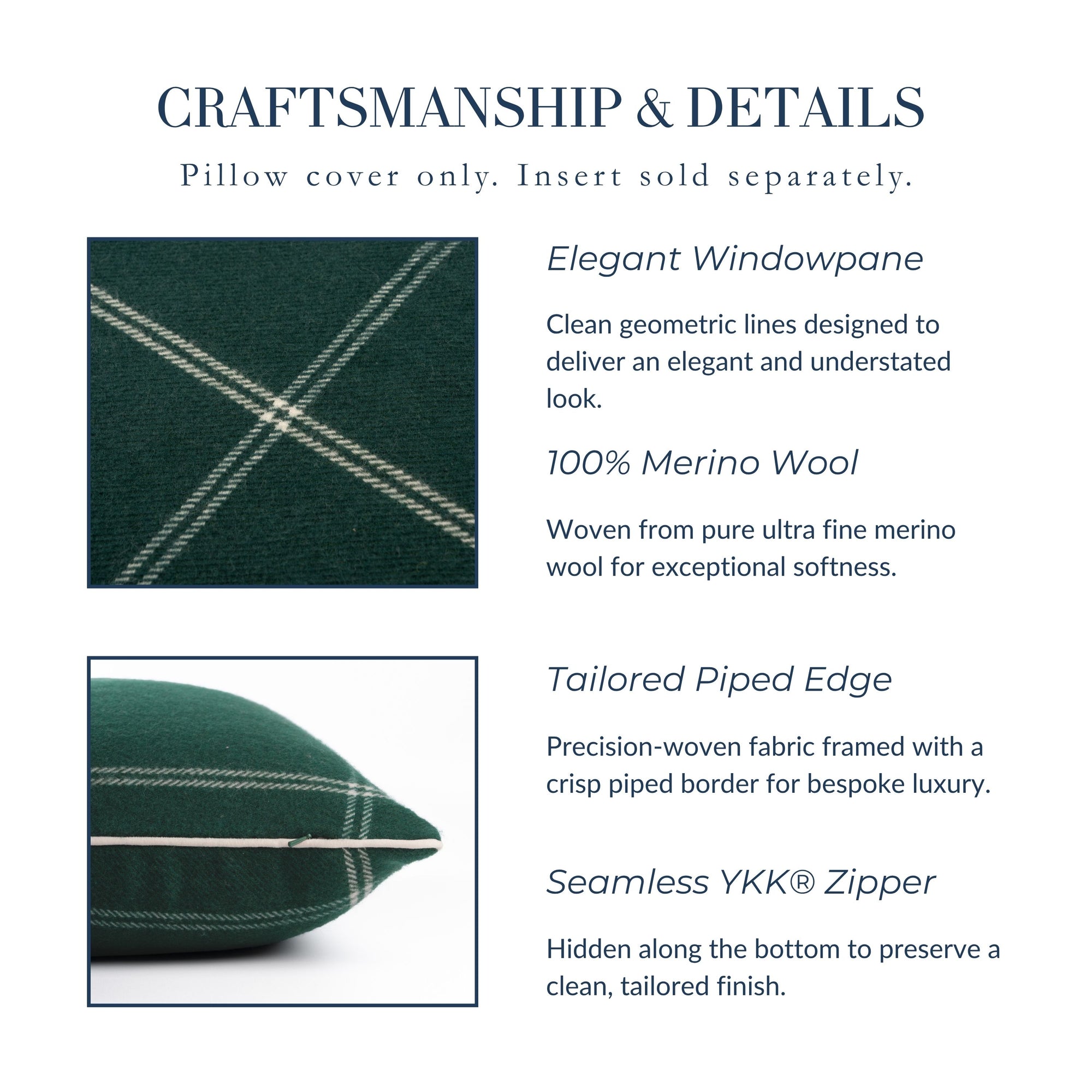 Chathia Windowpane, Merino Wool Accent Pillow Cover, Hunter Green, 22”x22”