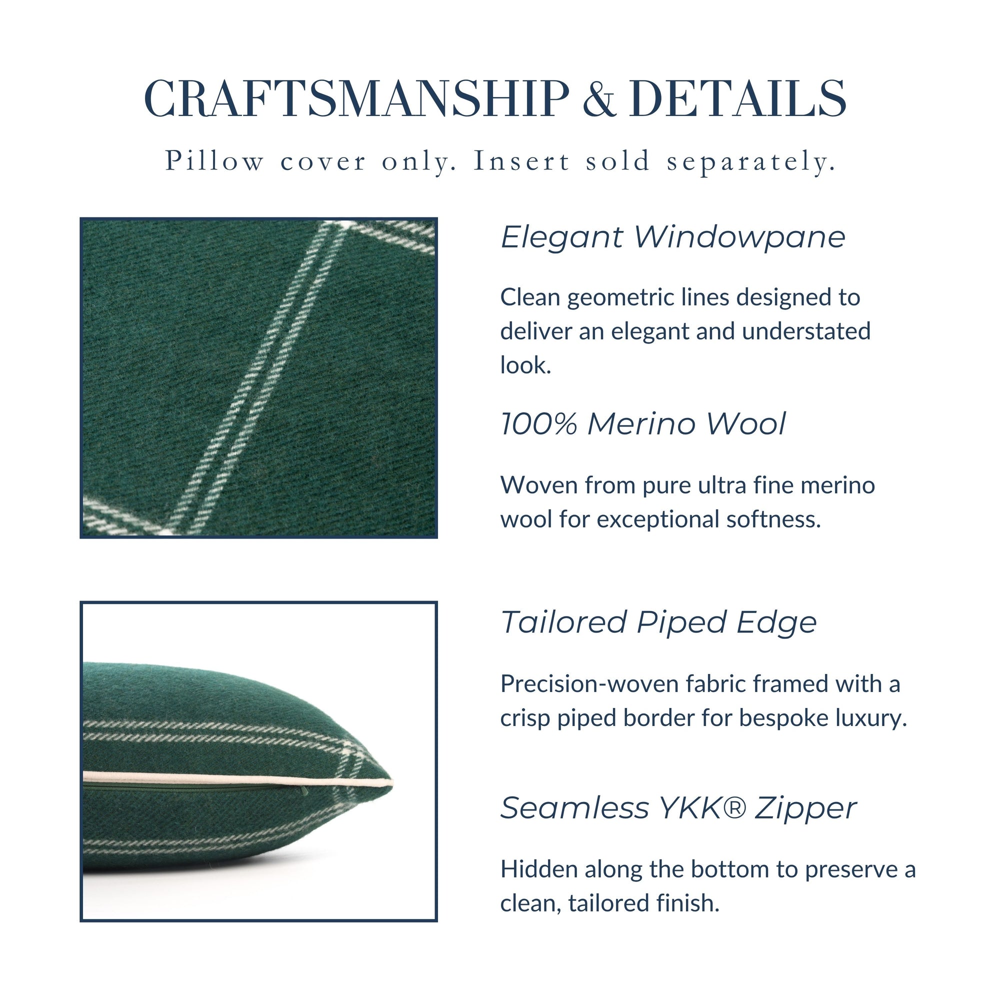Chathia Windowpane, Merino Wool Accent Pillow Cover, Hunter Green, 12"x20"