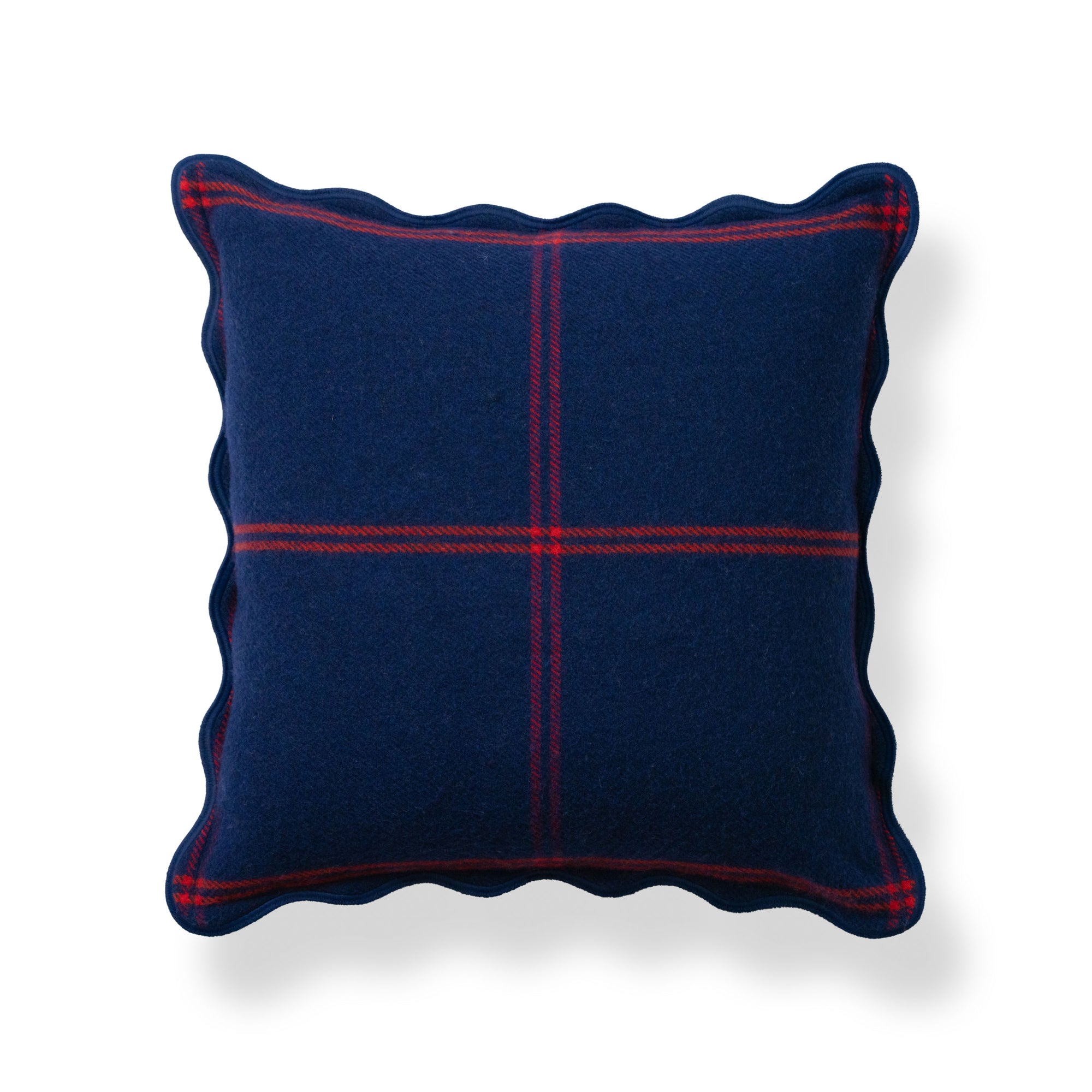 Chathia Windowpane, Merino Wool Scalloped Check Throw Pillow Cover, Navy Red, 20"x20"