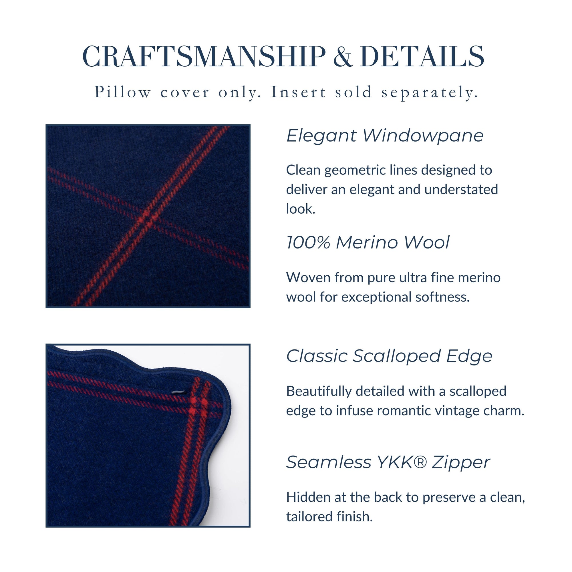Chathia Windowpane, Merino Wool Scalloped Check Throw Pillow Cover, Navy Red, 20"x20"