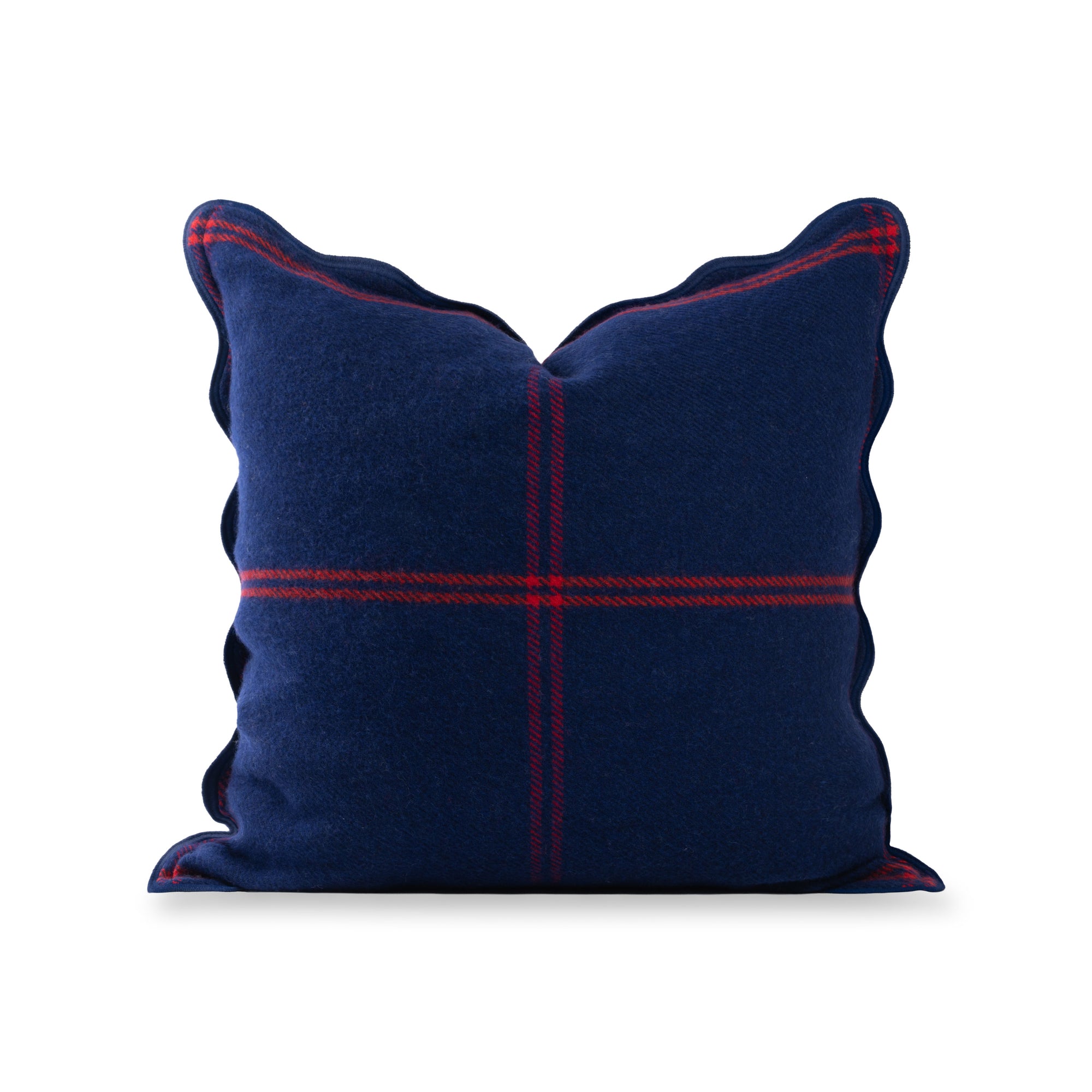 Chathia Windowpane, Merino Wool Scalloped Check Throw Pillow Cover, Navy Red, 20"x20"