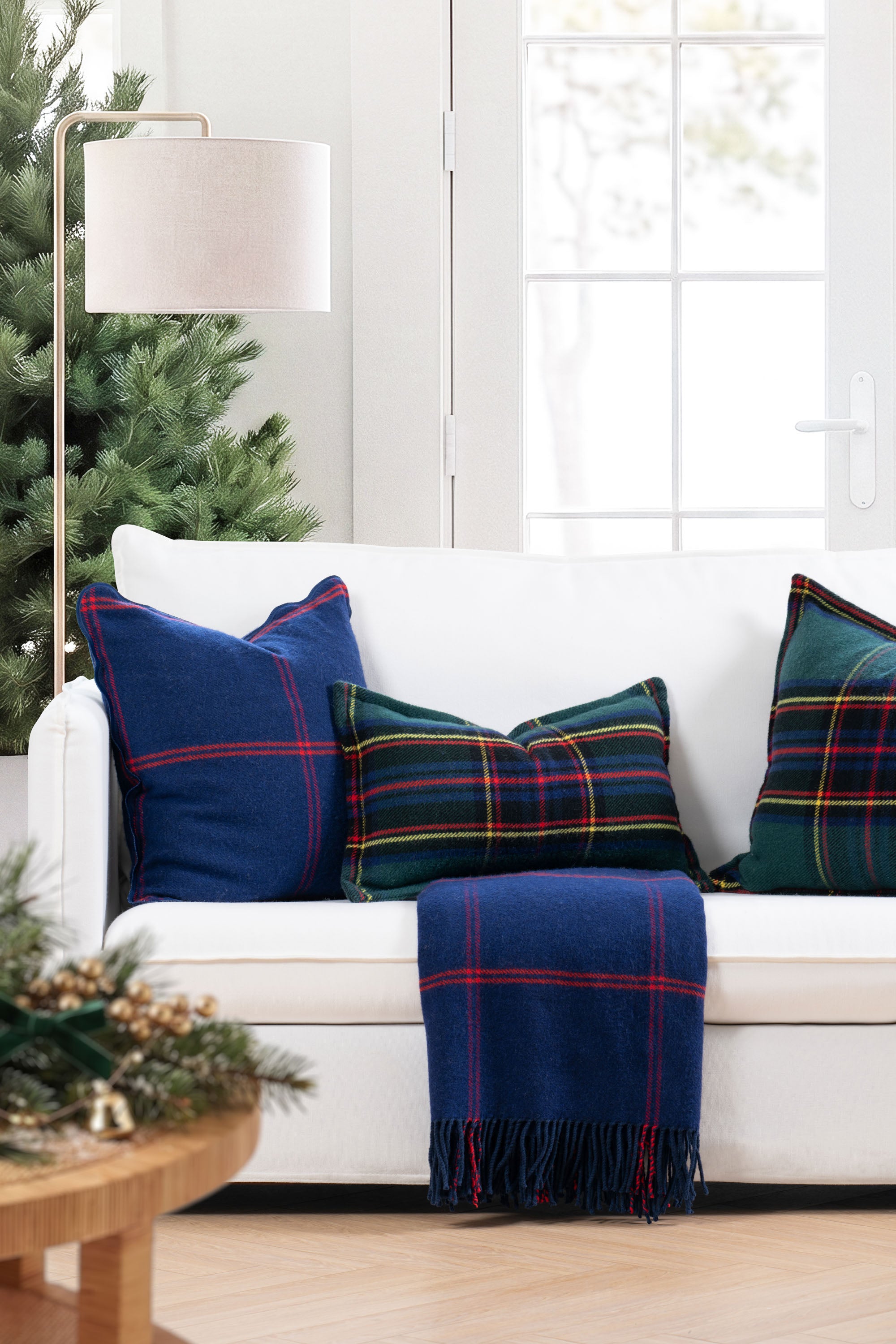 Chathia Windowpane, Merino Wool Scalloped Check Throw Pillow Cover, Navy Red, 20"x20"