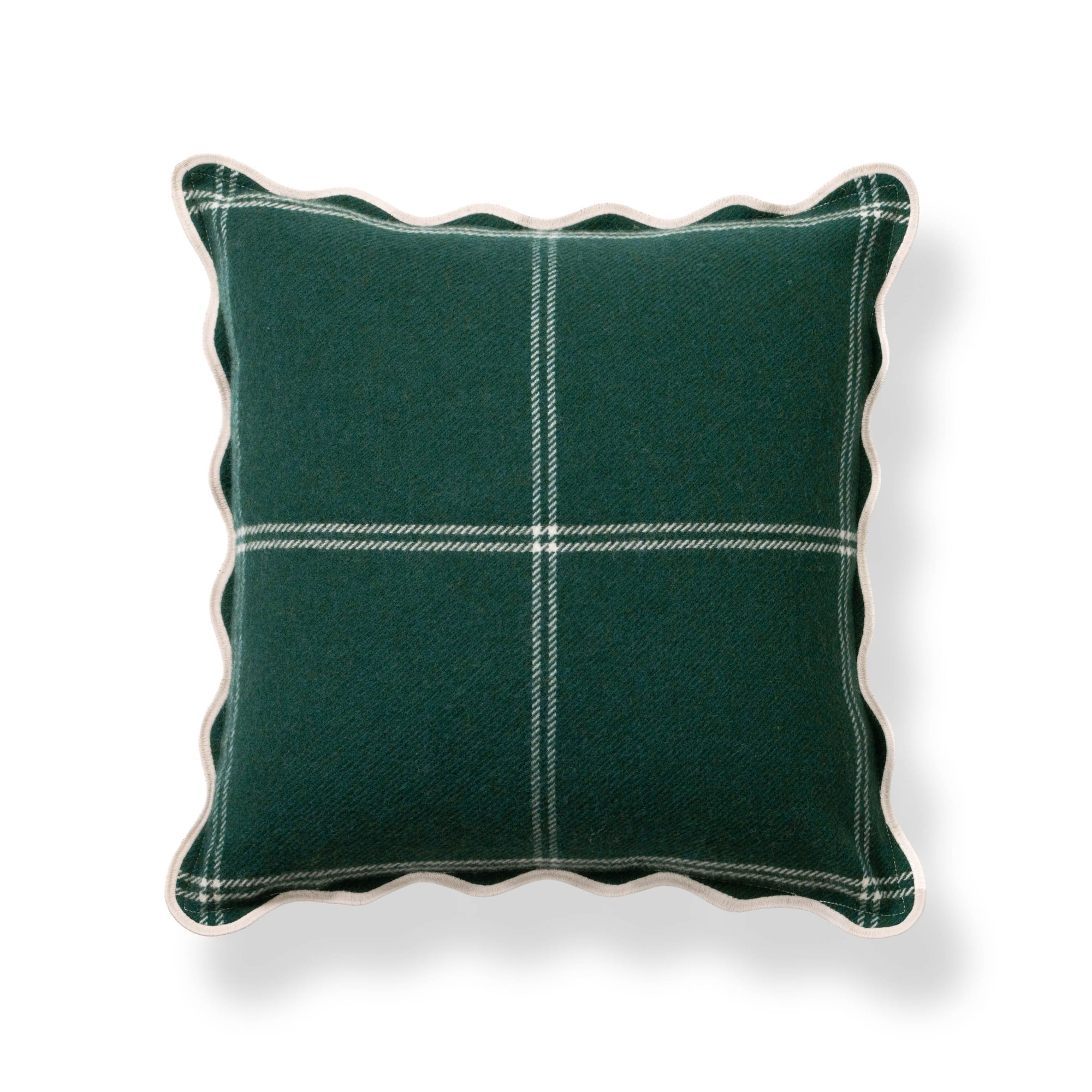 Chathia Windowpane, Merino Wool Scalloped Accent Pillow Cover, Hunter Green, 20"x20"