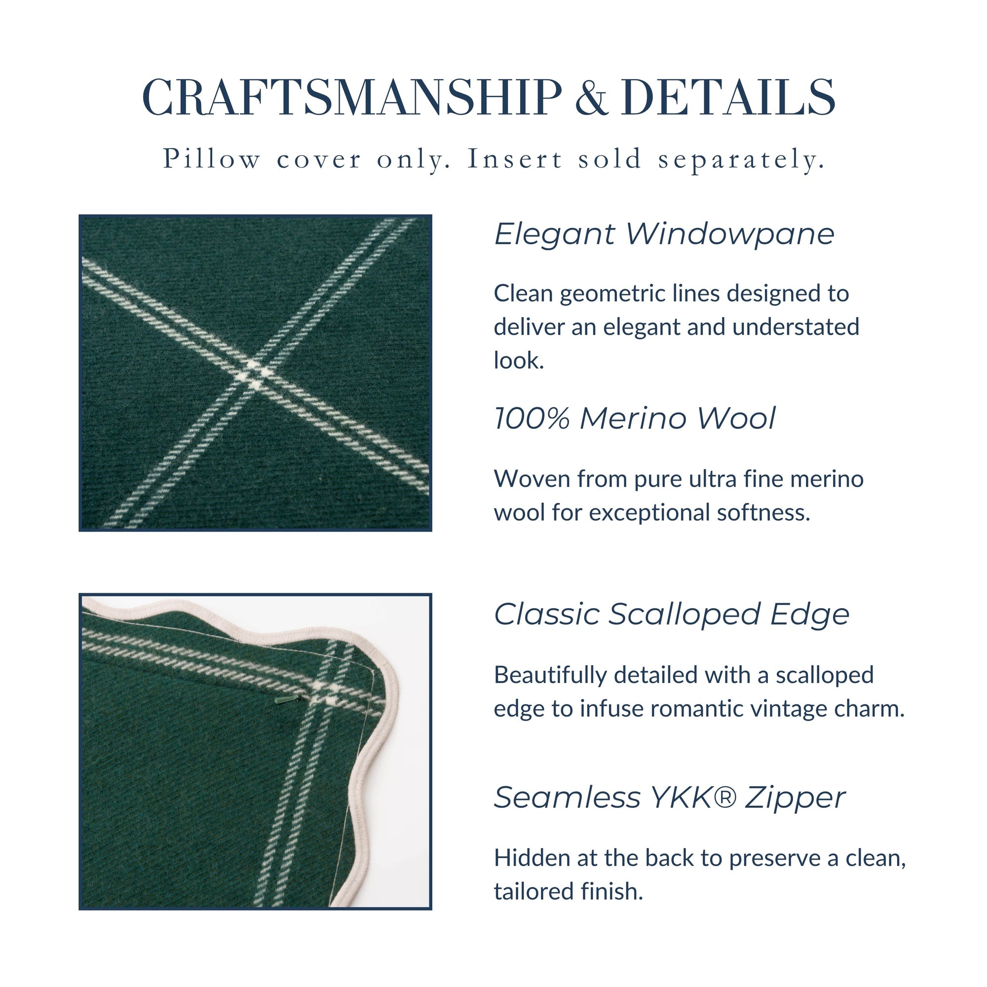 Chathia Windowpane, Merino Wool Scalloped Accent Pillow Cover, Hunter Green, 20"x20"