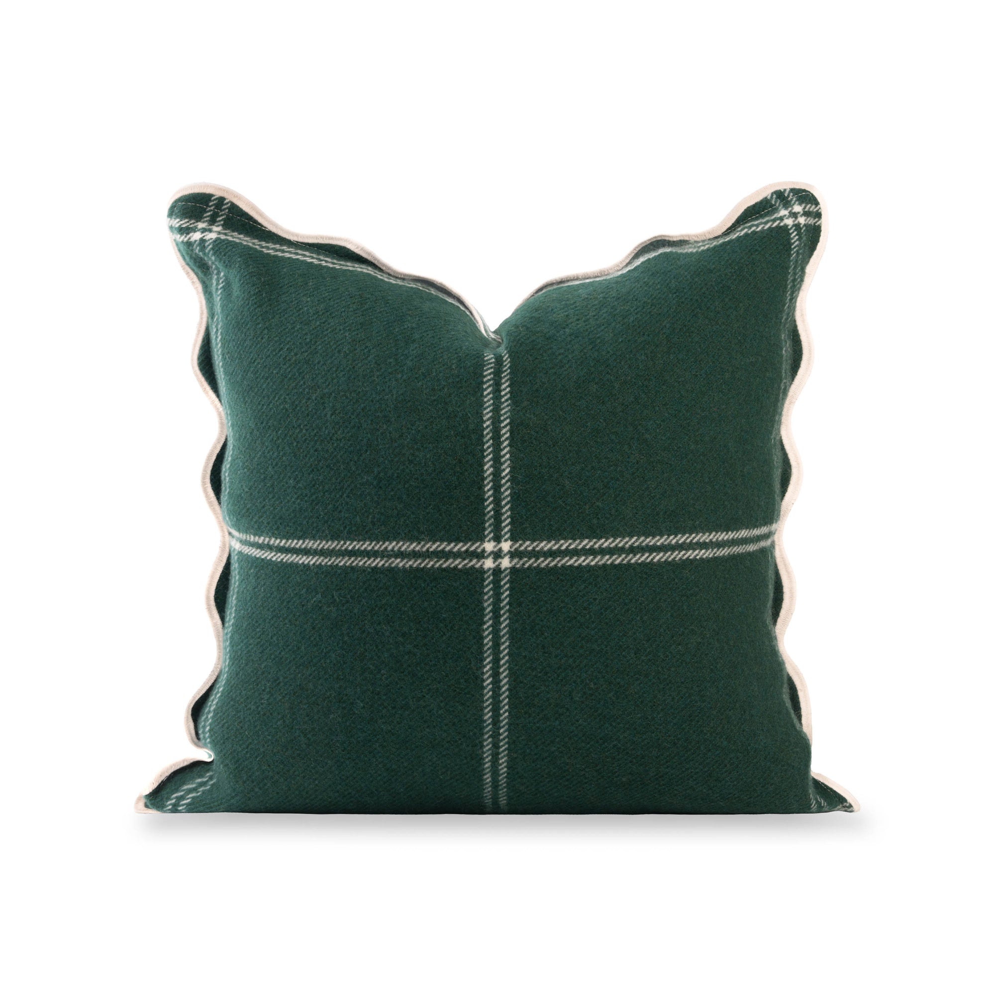 Chathia Windowpane, Merino Wool Scalloped Accent Pillow Cover, Hunter Green, 20"x20"