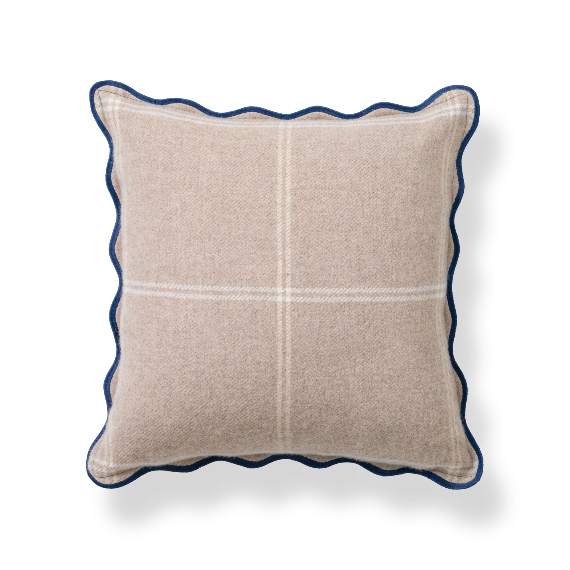Chathia Windowpane, Merino Wool Scalloped Plaid Pillow Cover, Classic Camel, 20”x20”
