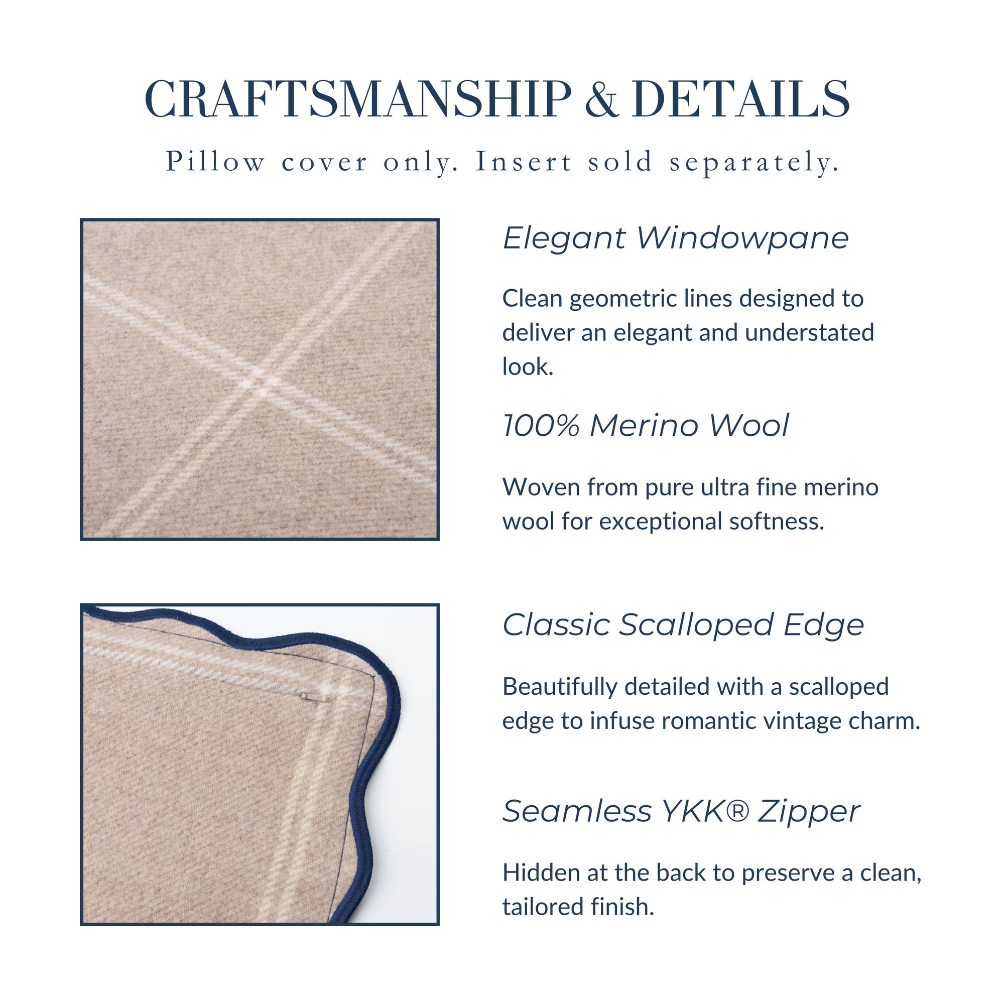 Chathia Windowpane, Merino Wool Scalloped Plaid Pillow Cover, Classic Camel, 20”x20”