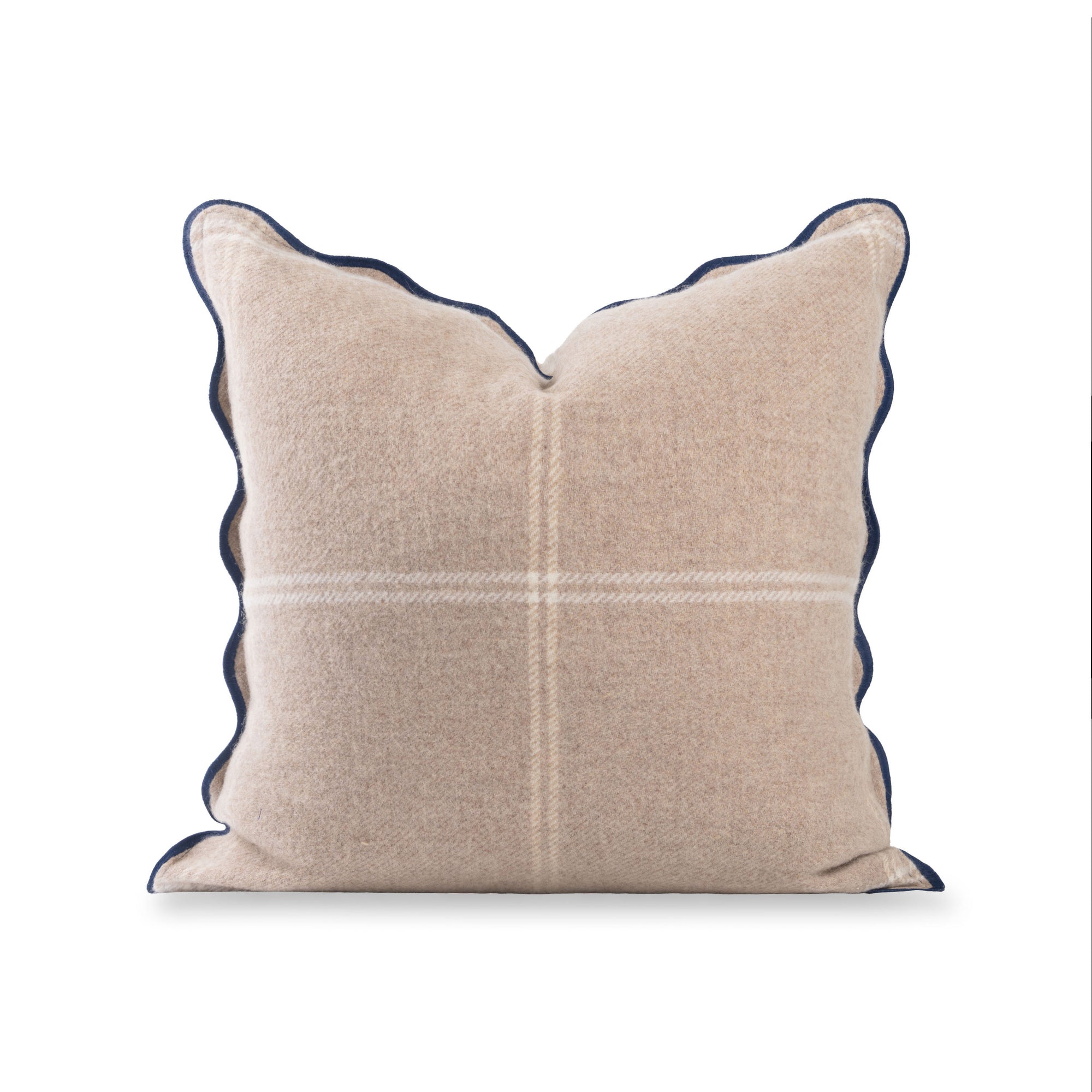 Chathia Windowpane, Merino Wool Scalloped Plaid Pillow Cover, Classic Camel, 20”x20”