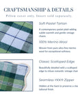 Rosela Pastel Tartan, Merino Wool Scalloped Coastal Pillow Cover, Dusty Blue Green, 20"x20"
