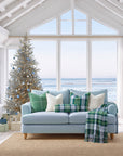 Rosela Pastel Tartan, Merino Wool Scalloped Plaid Pillow Cover, Sage Green Blue, 20"x20"