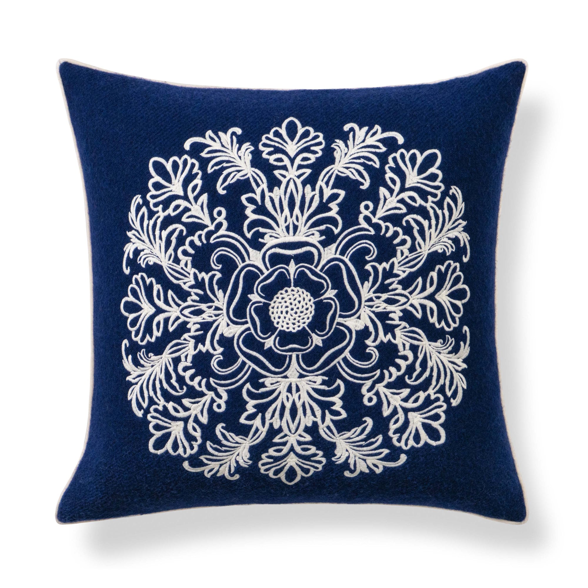 Clerion Tudor Rose Acanthus Leaf, Merino Wool Embroidered Accent Pillow Cover, Navy Blue, 20”x20”