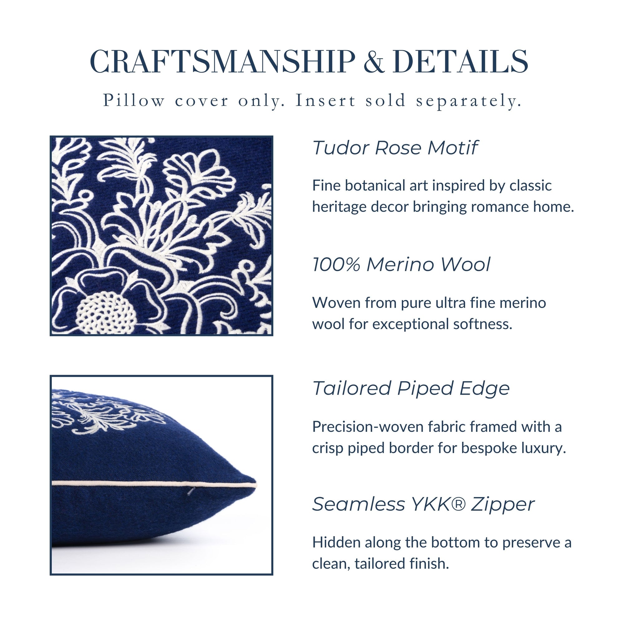 Clerion Tudor Rose Acanthus Leaf, Merino Wool Embroidered Accent Pillow Cover, Navy Blue, 20”x20”