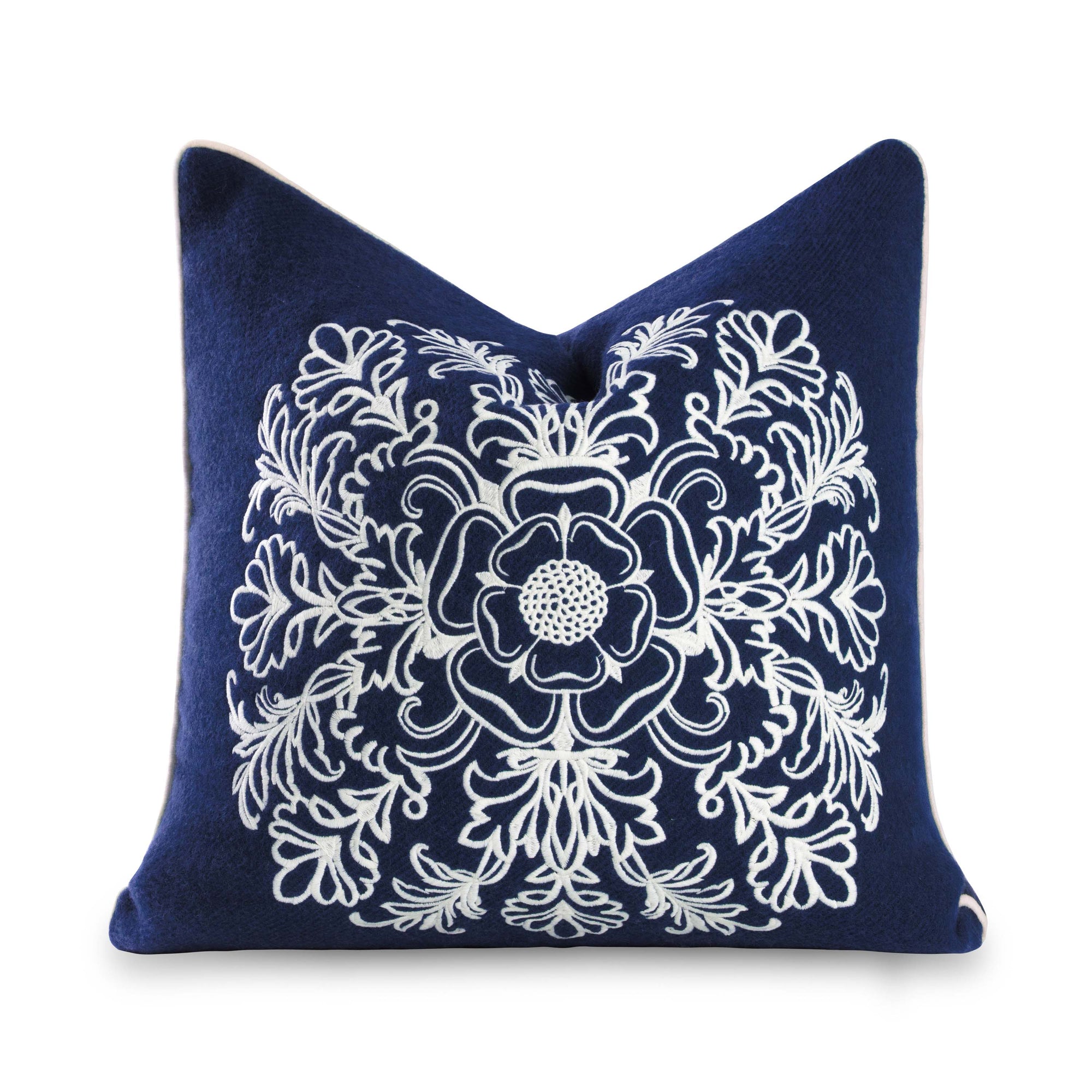 Clerion Tudor Rose Acanthus Leaf, Merino Wool Embroidered Accent Pillow Cover, Navy Blue, 20”x20”