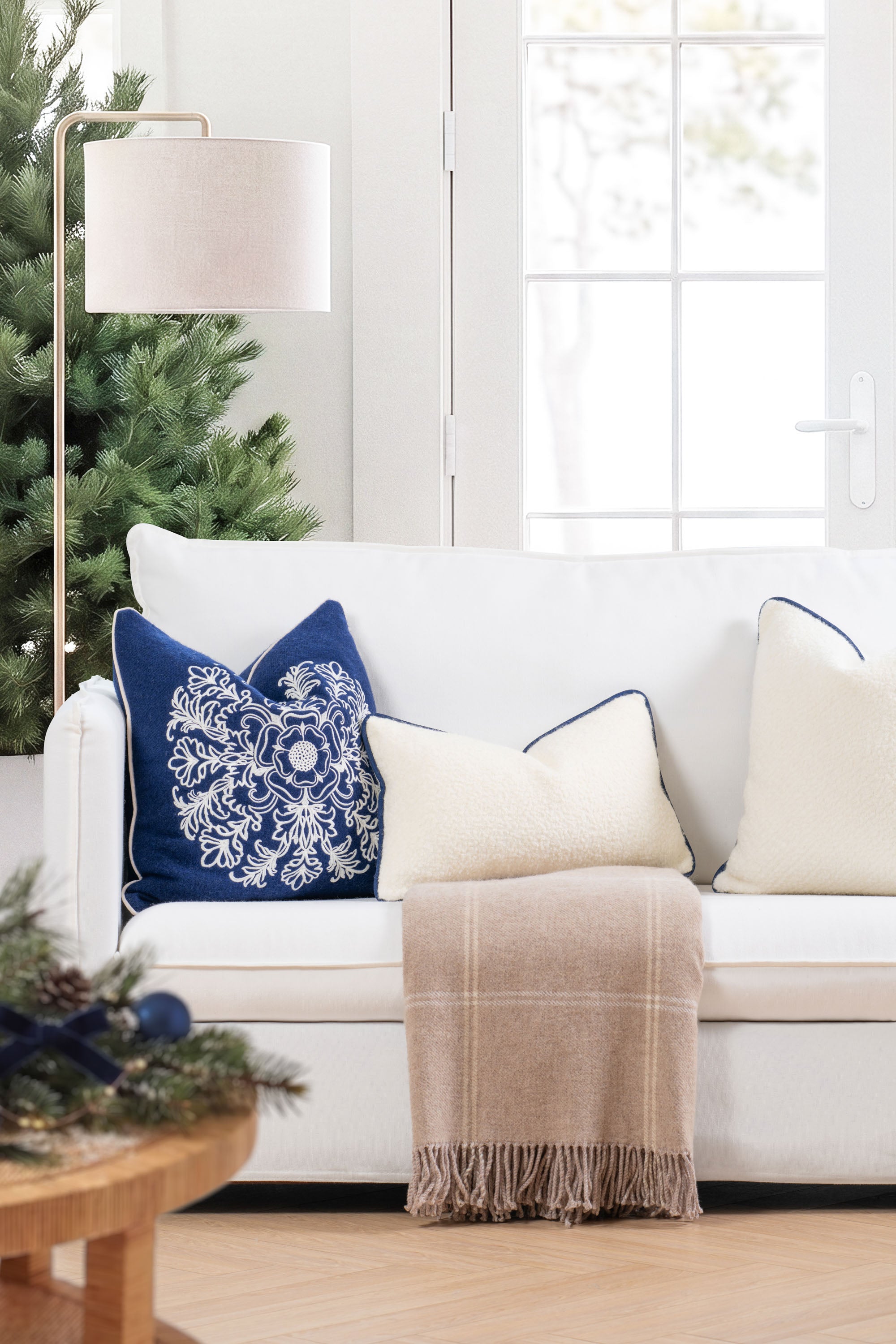 Clerion Tudor Rose Acanthus Leaf, Merino Wool Embroidered Accent Pillow Cover, Navy Blue, 20”x20”