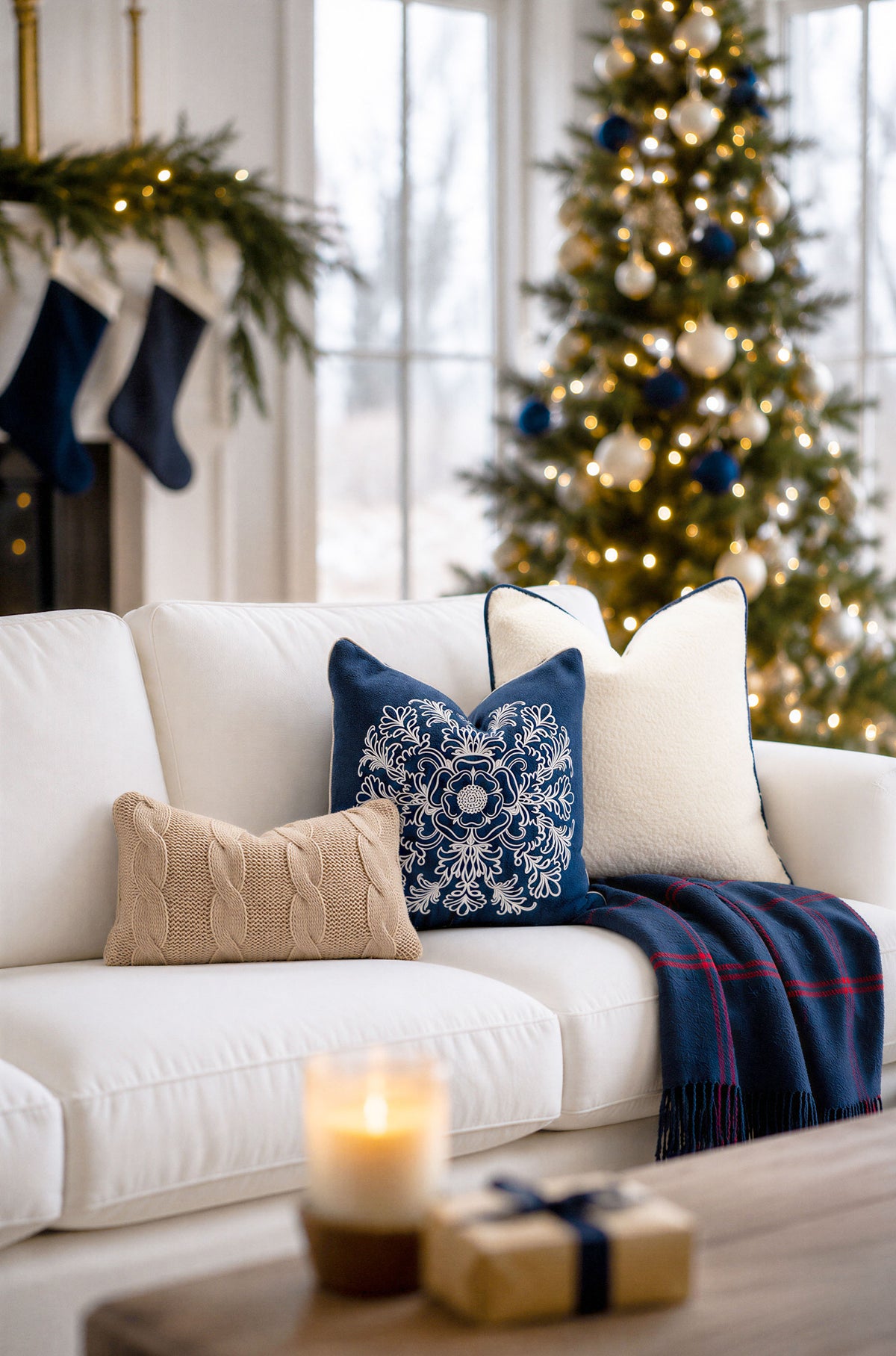 Clerion Tudor Rose Acanthus Leaf, Merino Wool Embroidered Accent Pillow Cover, Navy Blue, 20"x20"