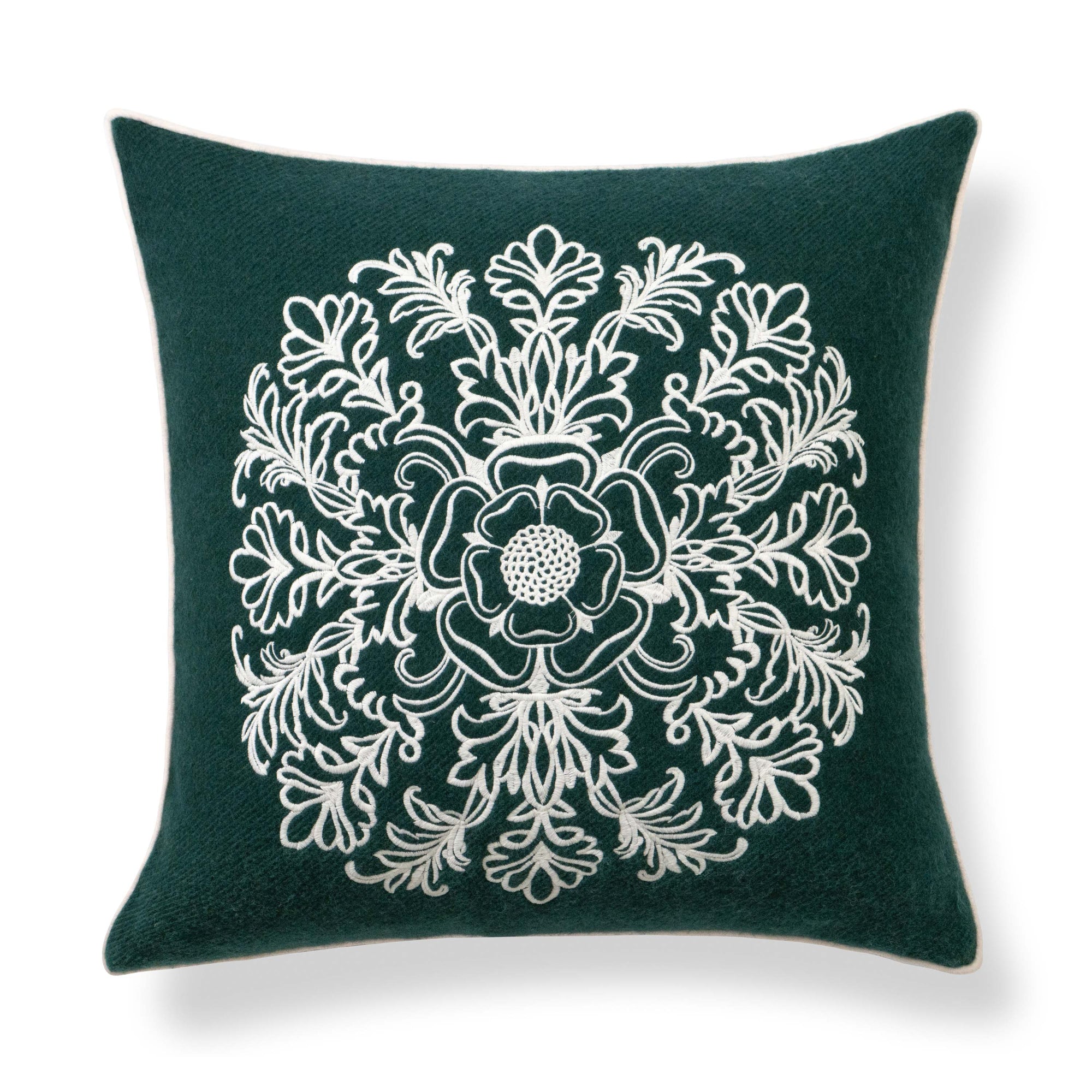 Clerion Tudor Rose Acanthus Leaf, Merino Wool Embroidered Throw Pillow Cover, Hunter Green, 20”x20”