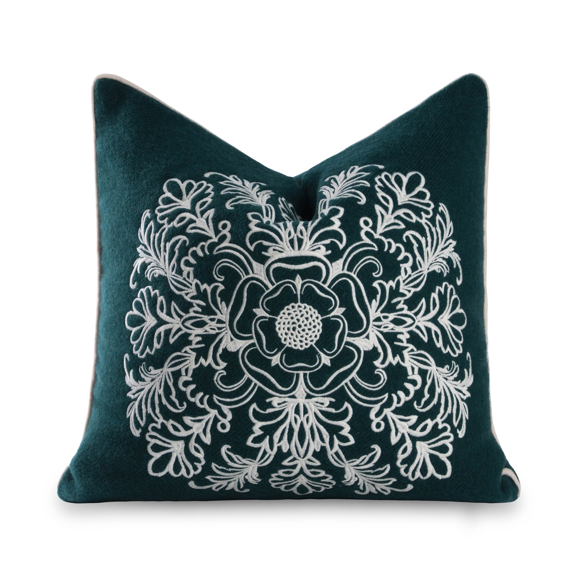 Clerion Tudor Rose Acanthus Leaf, Merino Wool Embroidered Throw Pillow Cover, Hunter Green, 20”x20”