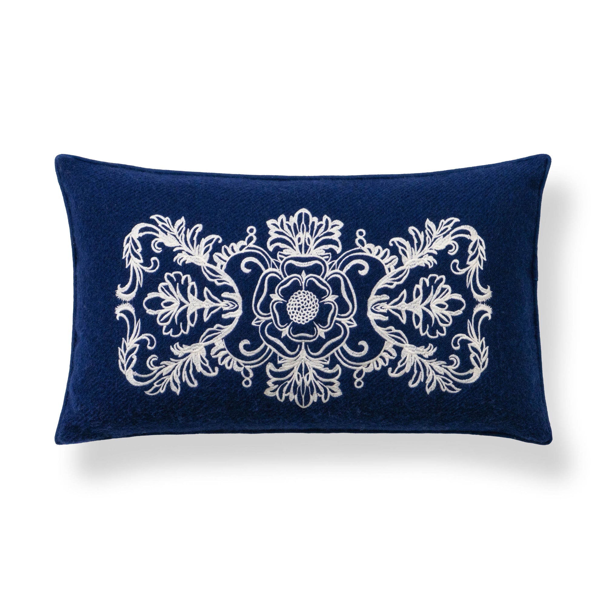 Clerion Tudor Rose Acanthus Leaf, Merino Wool Embroidered Christmas Pillow Cover, Navy Blue, 12”x20”