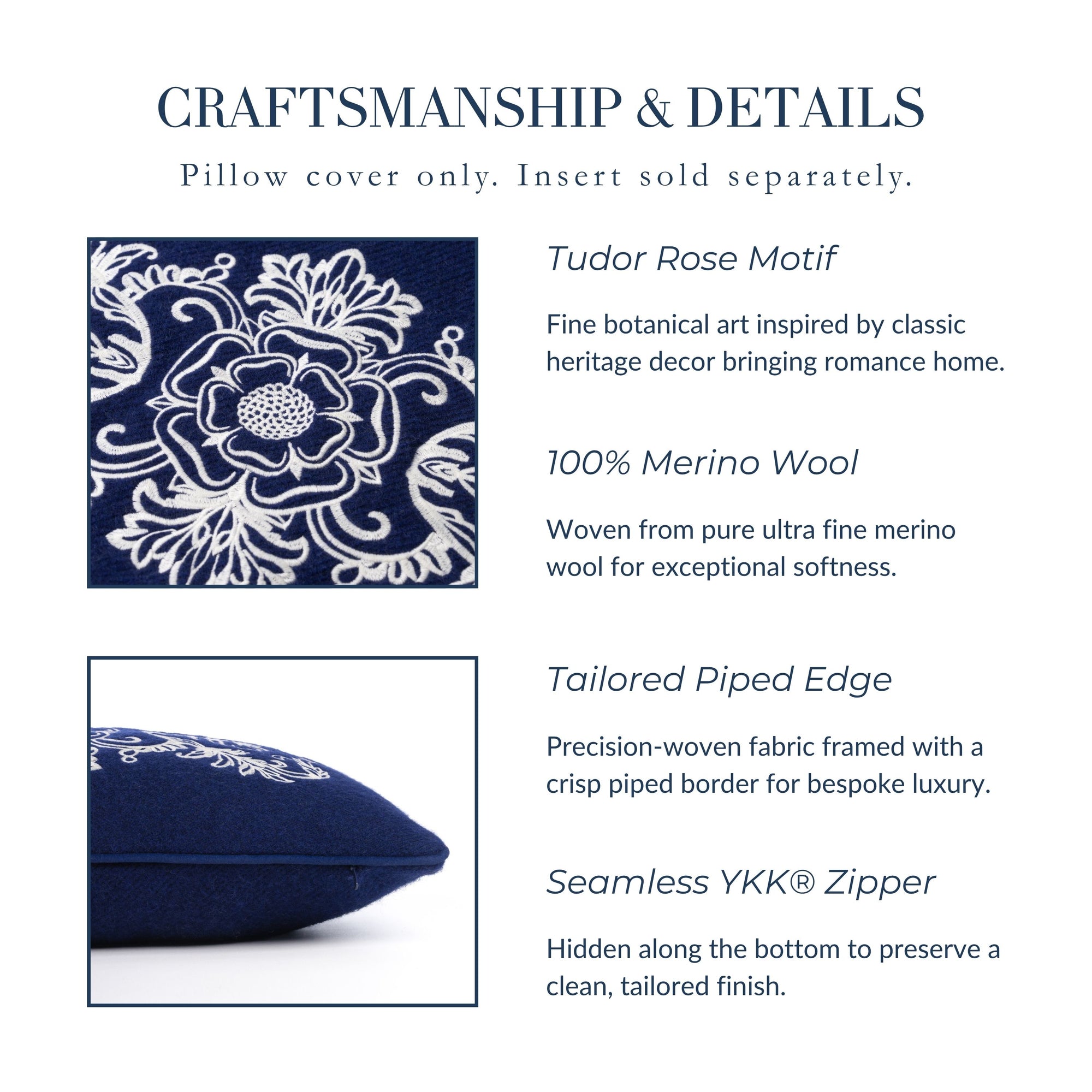 Clerion Tudor Rose Acanthus Leaf, Merino Wool Embroidered Christmas Pillow Cover, Navy Blue, 12”x20”