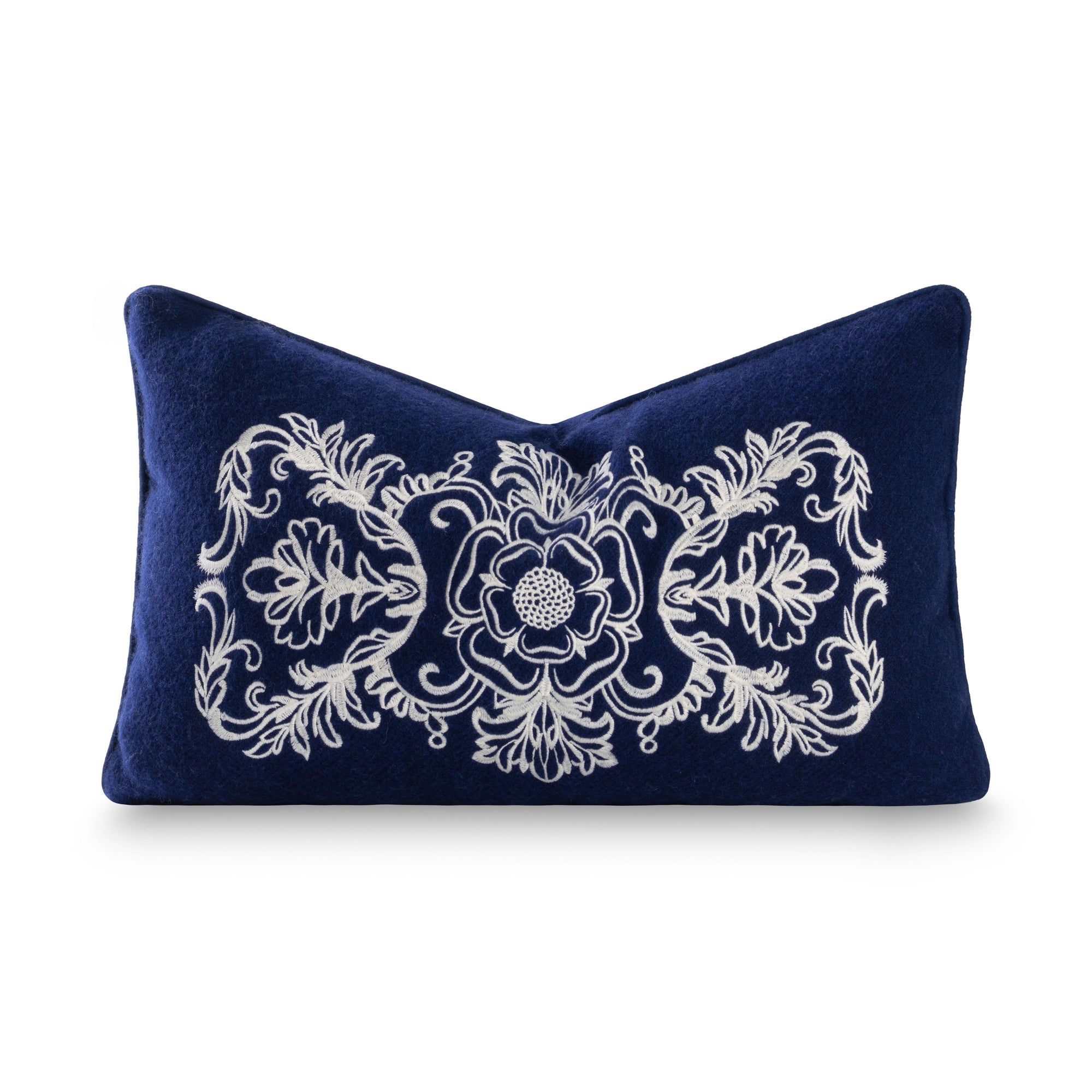 Clerion Tudor Rose Acanthus Leaf, Merino Wool Embroidered Christmas Pillow Cover, Navy Blue, 12”x20”